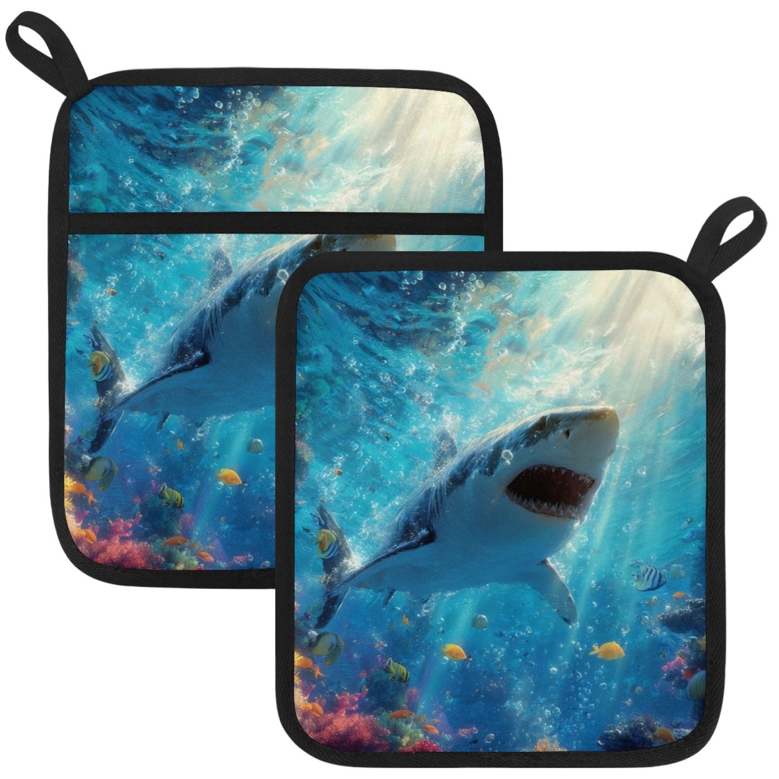 VAPOKF Sharks Pot Holders with Pocket for Kitchen Heat Resistant Potholders Large Polyester-Cotton Square Oven Mitts Set