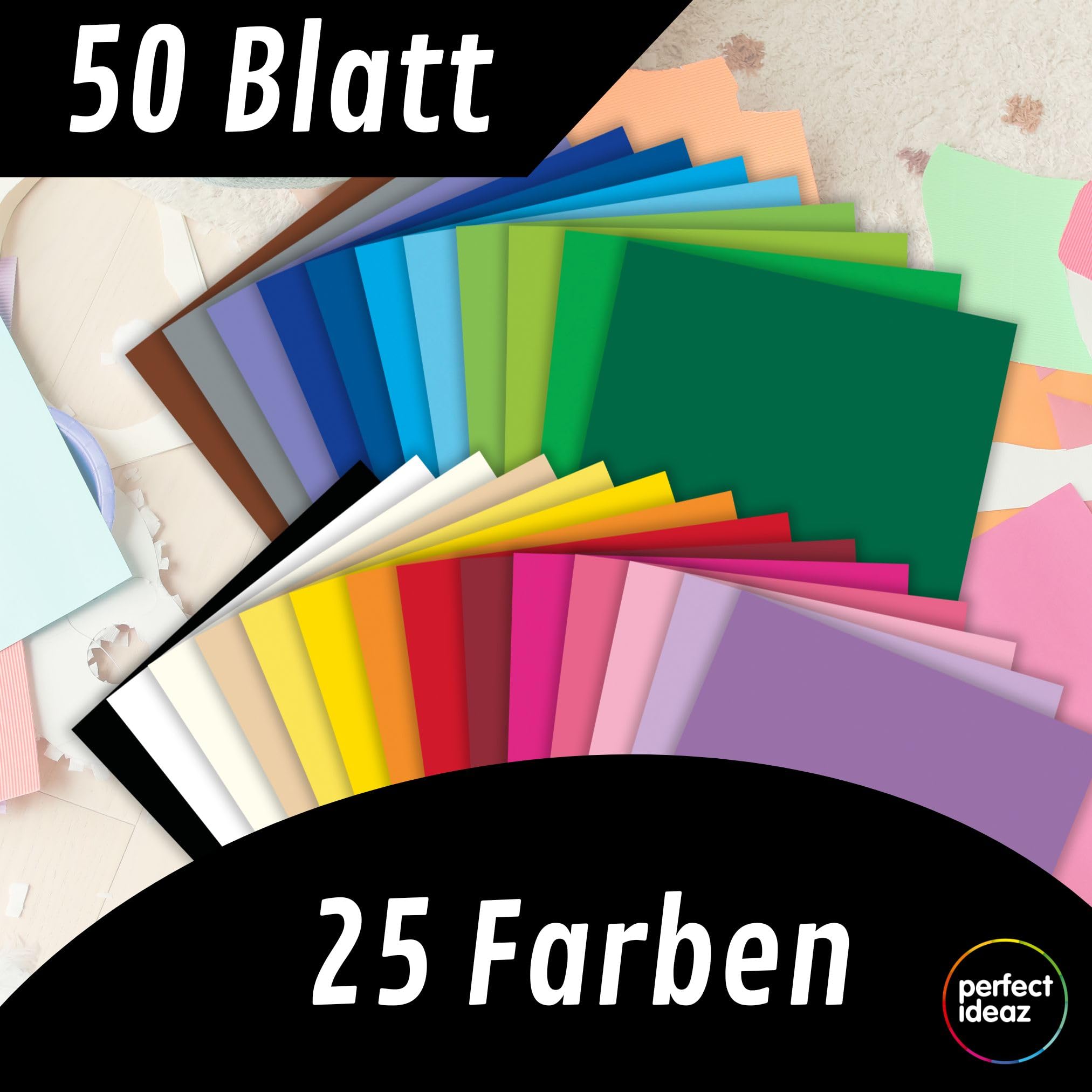 perfect ideaz - Tonkarton DIN-A2-50 Blatt Bastelkarton - 180 g/m² in 25 verschiedenen Farben je 2 Blatt - Blauer Engel zertifiziert, Made in Germany