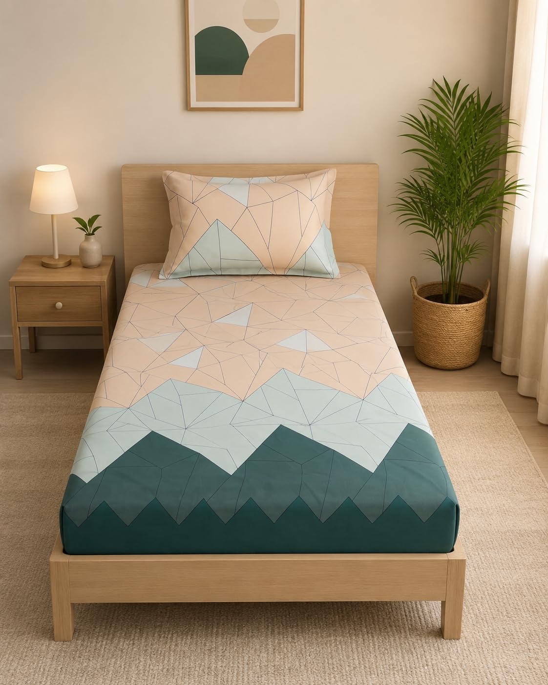 LOOMLYFE Microfiber Soft Cotton Single Bed Bedsheet for Diwan Bed, Size 60 Inches X 90 Inches, 152 X 230 cm with 1 Large Size Pillow Covers Without Joint - BeigeGreenTriangle