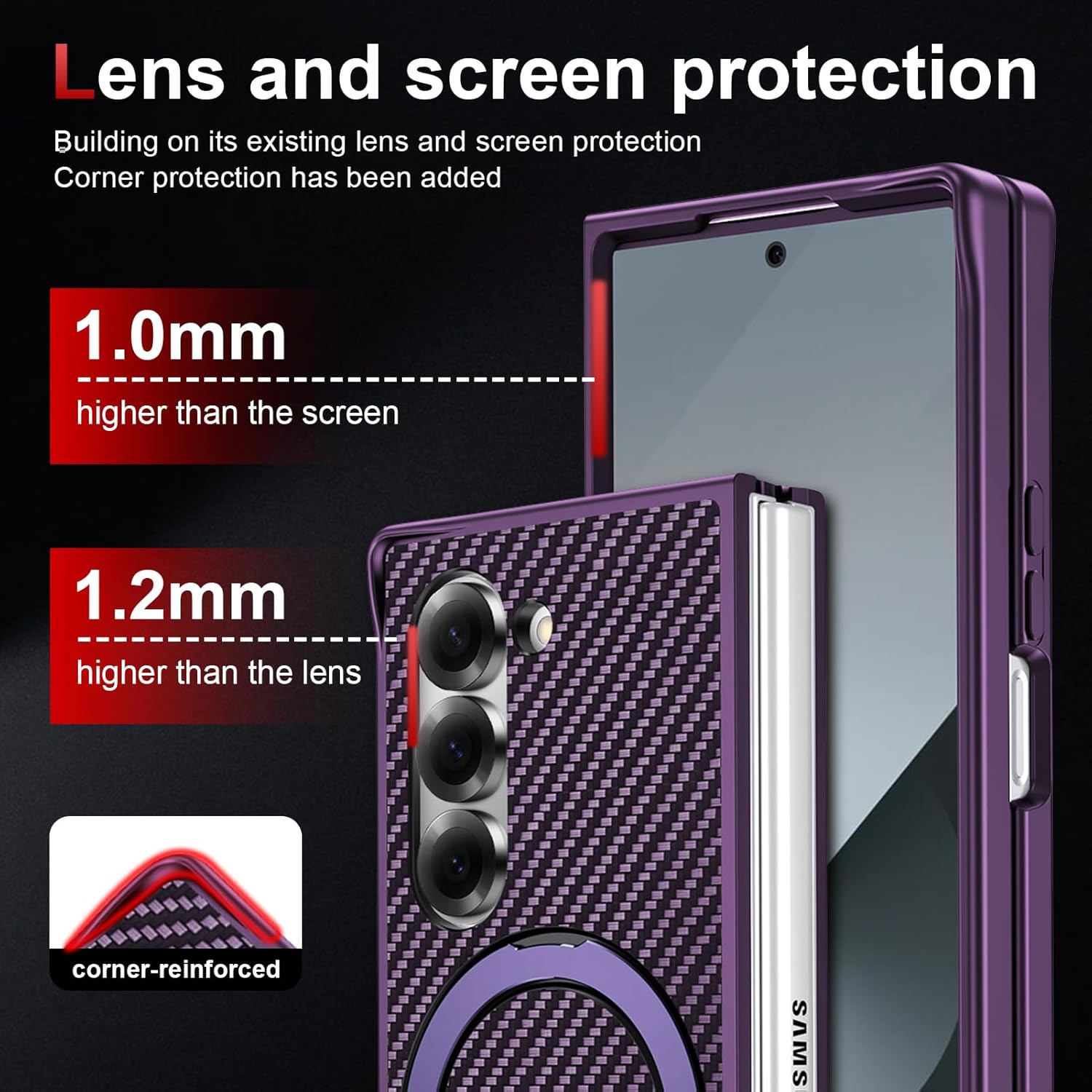 Magnetic for Samsung Galaxy Z Fold 6 Case with Ring Stand,Carbon Fiber Texture, Military Grade Protection,Lightweight,Slim Fit Drop Protection Rugged Shockproof Cover Purple 30-Fold6-03