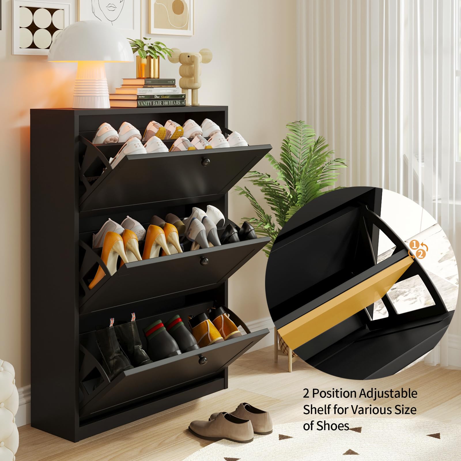 VOWNER Zapatero Estrecho Mueble Zapatero 80x24x116cm (Negro) | con 3 Puertas Abatibles, Madera para Entrada, Recibidor & Pasillo