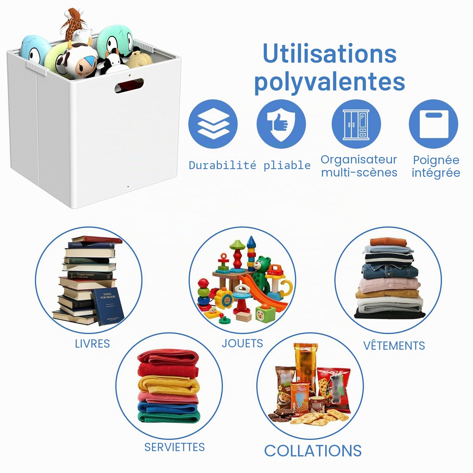 Lot de 4 boîtes de rangement pliables en cubes, cubes de rangement en plastique avec poignée, blanc, 27,3 x 27,3 x 28,2 cm
