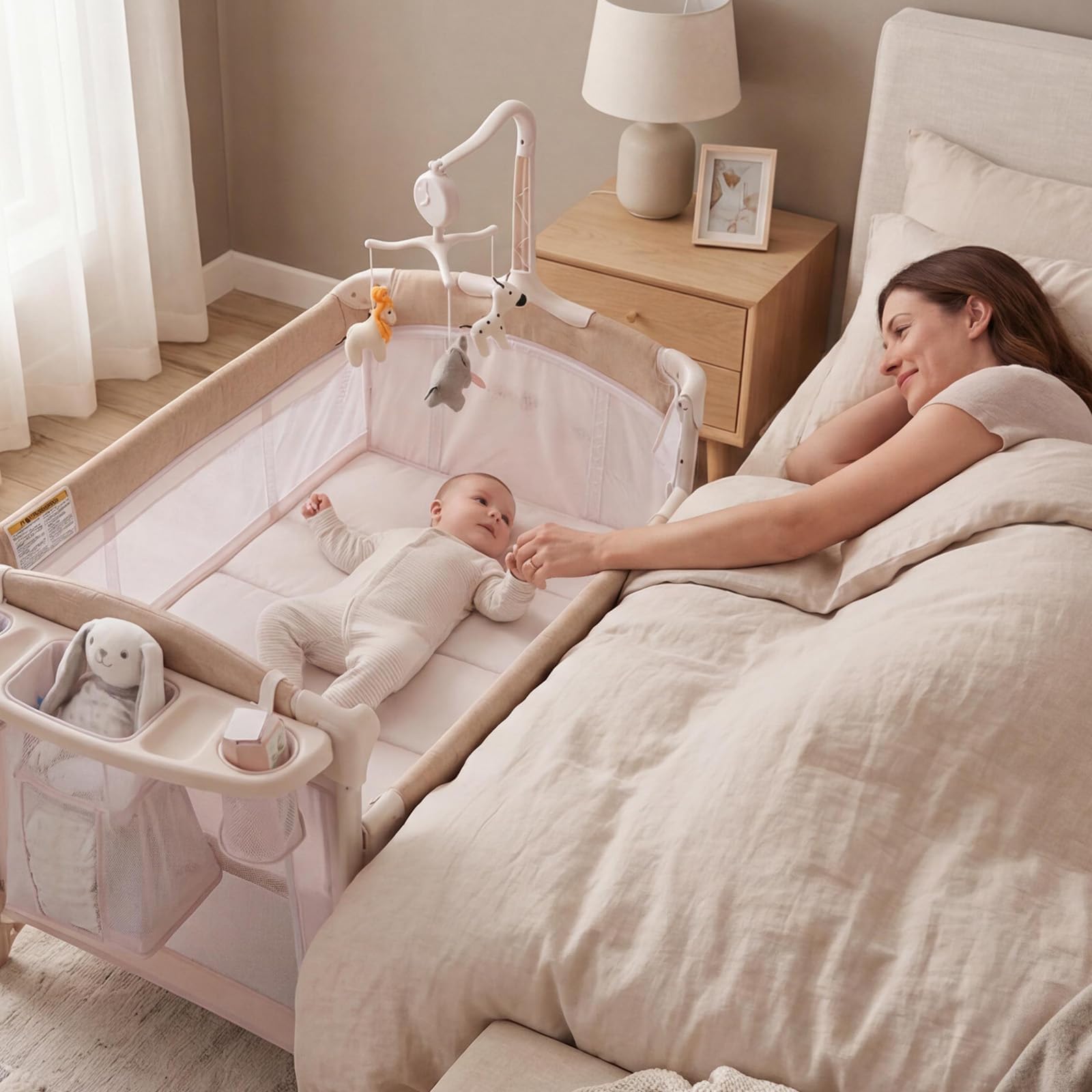 5-in-1 Baby Beistellbett Mit Rollen Klappbar – Vielseitiges Babycenter Als Reisebett, Laufstall, Wickeltisch & Wiege – Inklusive Matratze, Tragetasche, Musikspiel Und Mobile – Bis 15 kg – Rosa