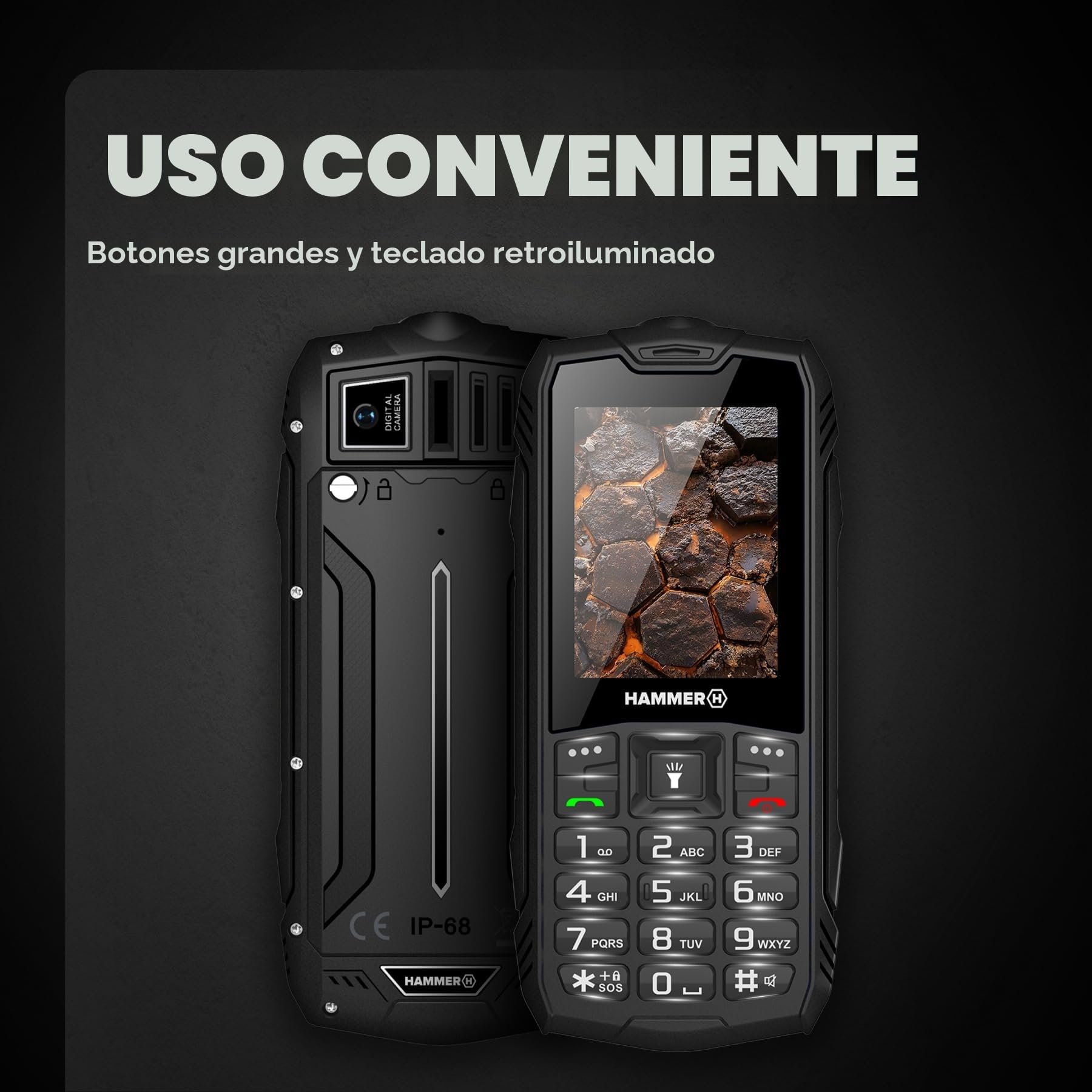 Hammer H Rock LTE Móvil Irrompible, Batería 3000 mAh, 64 GB, Pantalla IPS 2,4", Teclas Grandes, Botón SOS, Linterna, Radio FM, Bluetooth, USB-C, Dual SIM, IP68/MIL‑STD‑810H, Negro