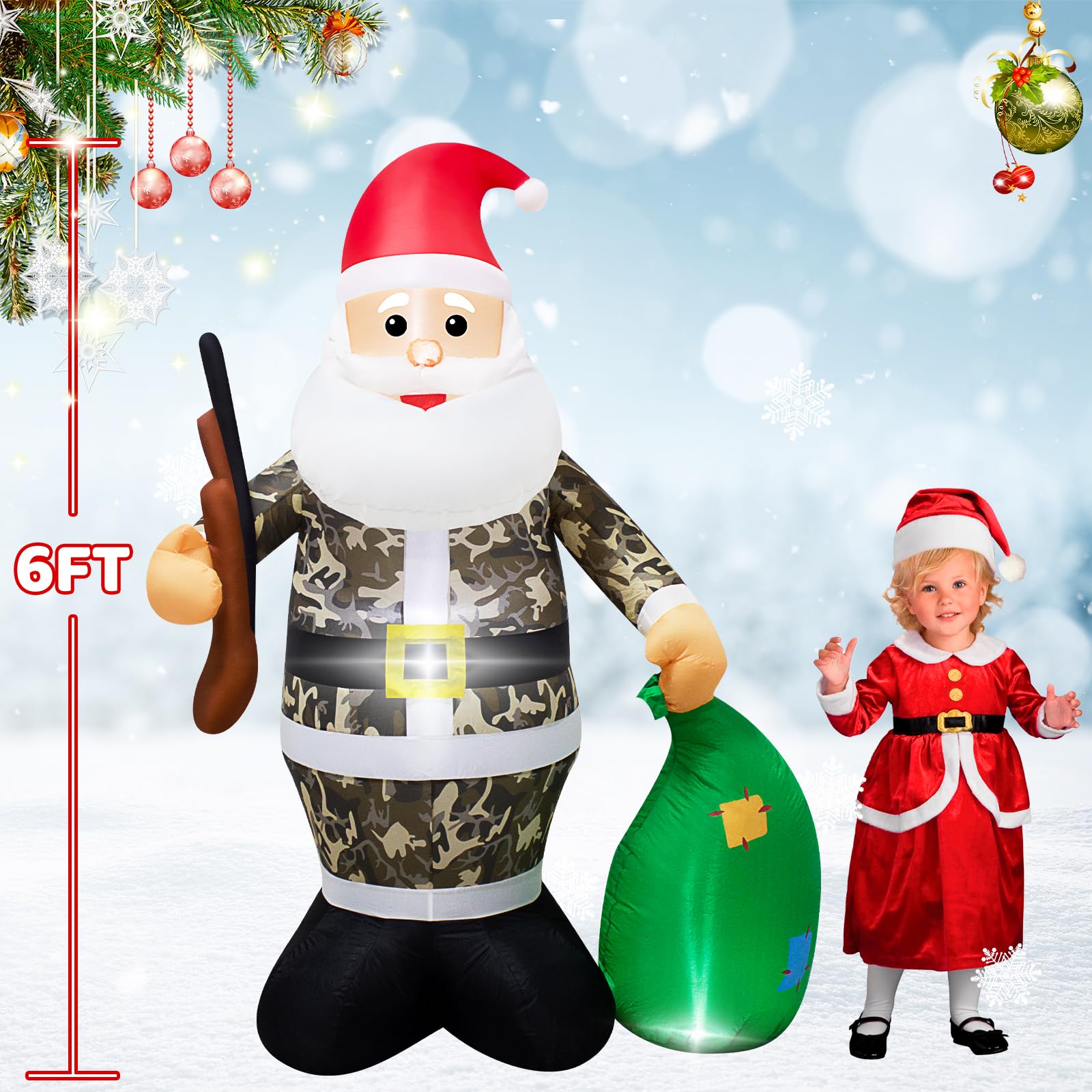 6FT(1.8M) Camo Suit Santa Claus with a Gun Christmas Inflatable Decorations Outdoor Blow up Santa Lighting Xmas Decorations Inflatable Santa Garden/Yard/Lawn Decorations Christmas Tree Decor - Image 3