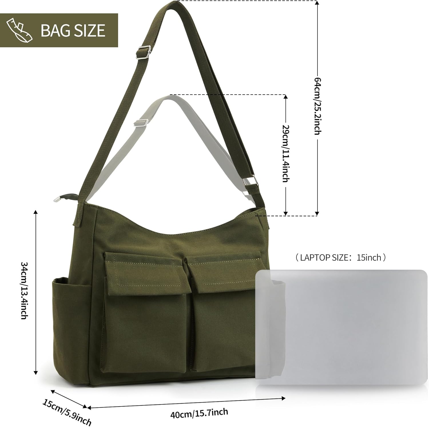 KALIDI Canvas Tote Bag Large Hobo Crossbody Shoulder Handbag Zipper Messenger Bag for Women or Men Casual College Work