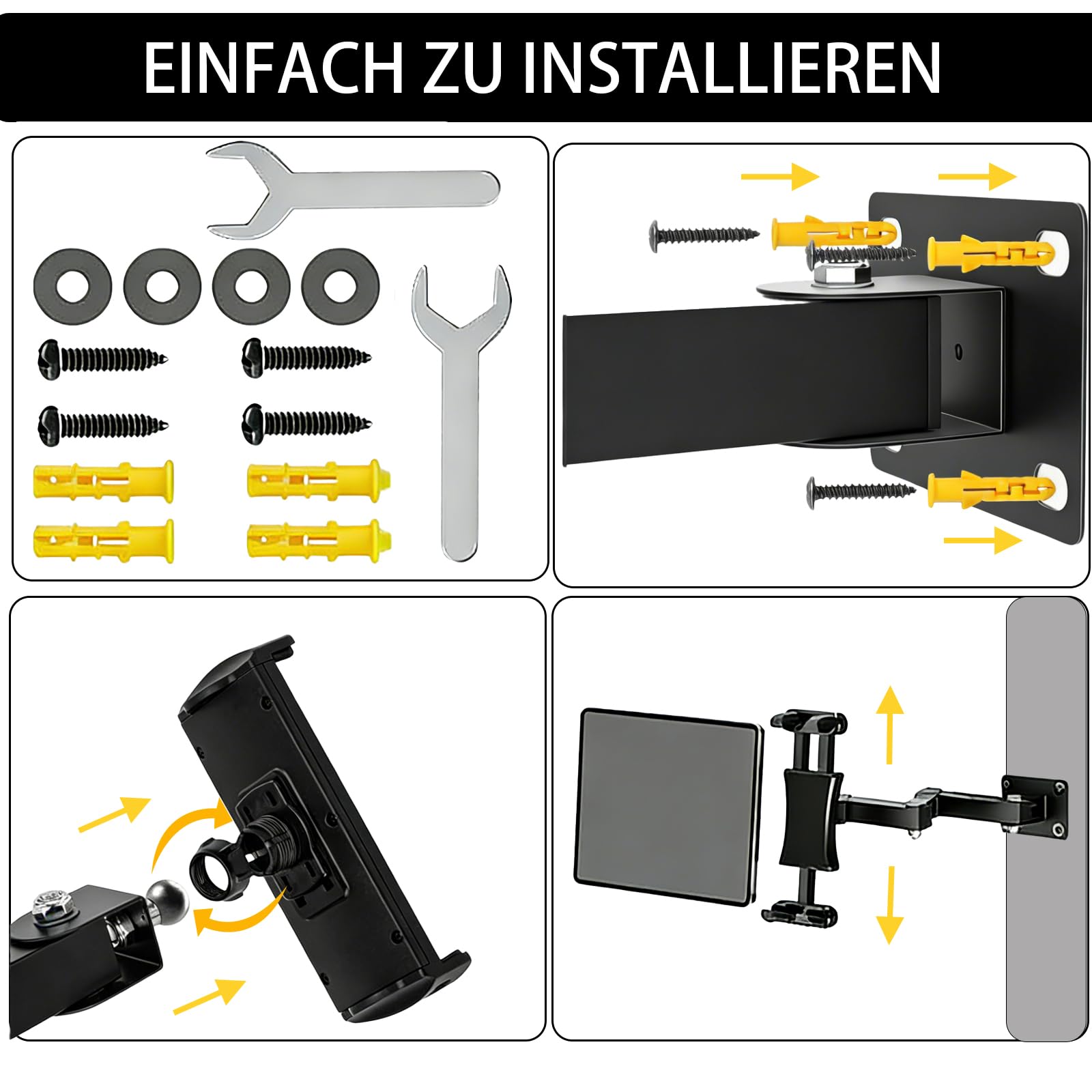 Uchwyt ścienny na tablet, aluminiowy wysuwany uchwyt ścienny, regulacja wysokości, składany, obracany o 360 stopni, składany, do kuchni, biura, salonu, łazienki lub sypialni, do urządzeń 4-13"