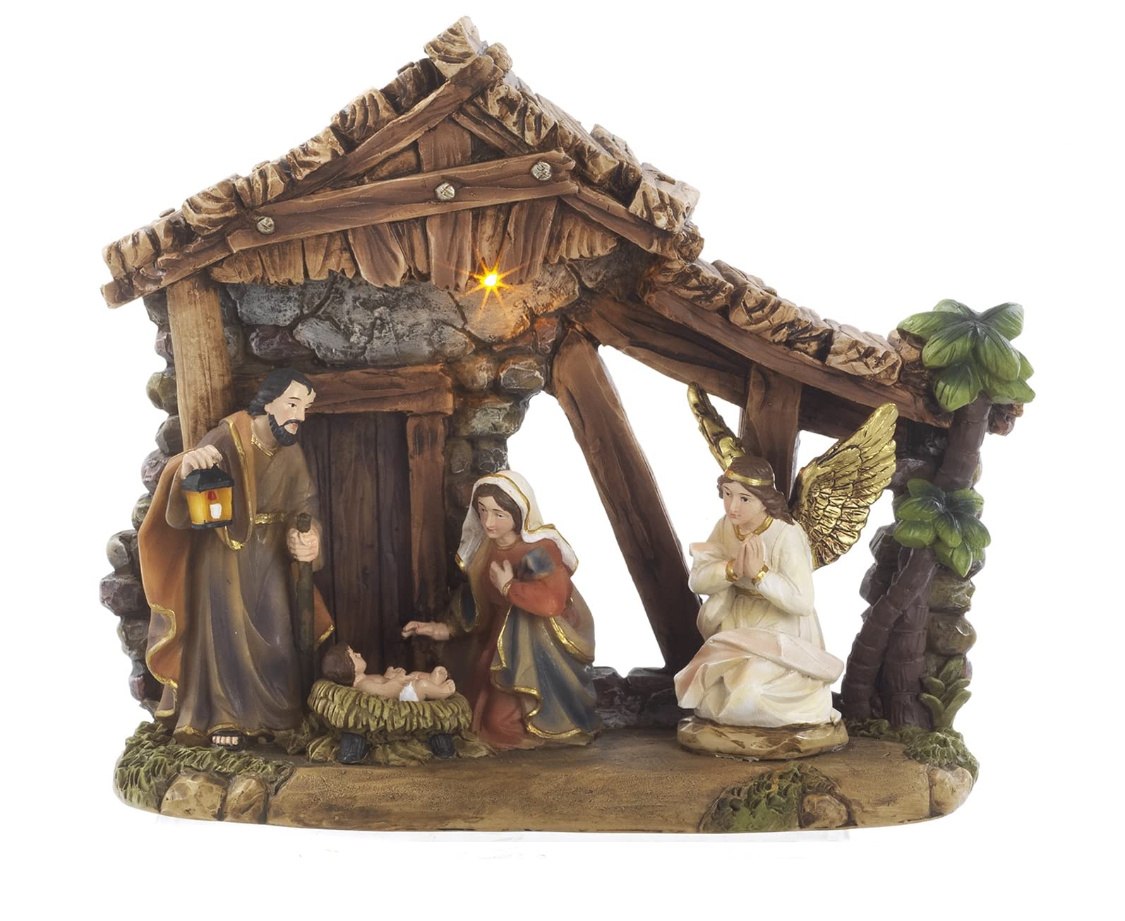 PABEN Gruppo Natività con Angelo e Capanna 25 Cm in Resina con Luce