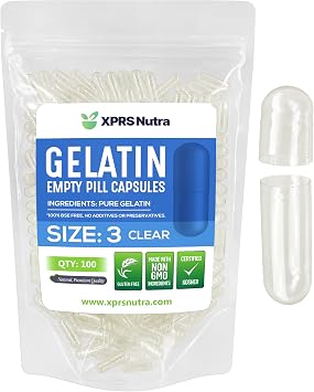 XPRS Nutra Size 3 Empty Capsules - 100 Count Clear Empty Gelatin Capsules - Pills DIY Capsule Filling - Pure Bovine Pill Gel Caps Fillable Do-It-Yourself Vitamins and Supplements