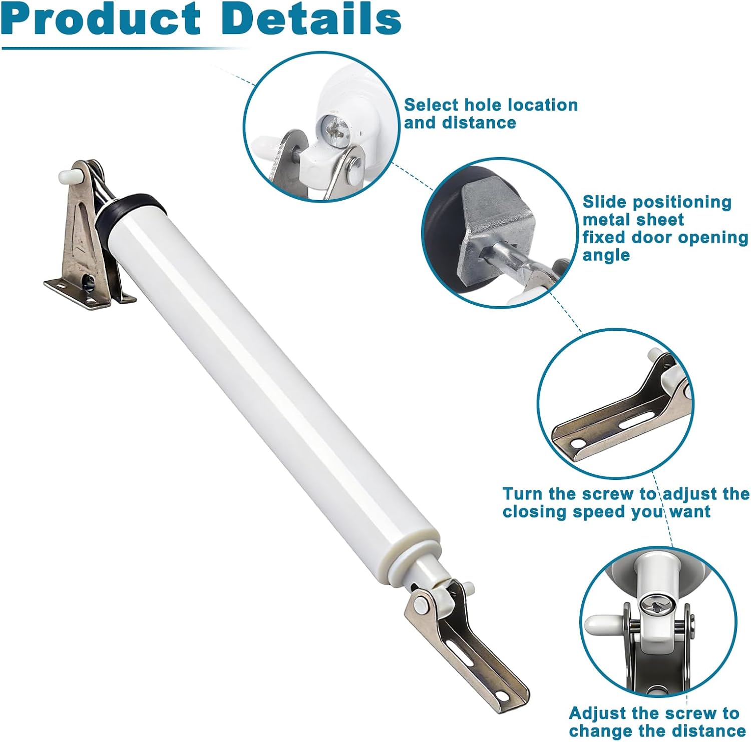 Storm Door Closer, Pneumatic Storm and Screen Door Closer with Adjustable Closing Speed and Hold-Open Feature - Universal Heavy Duty White Closure Kit