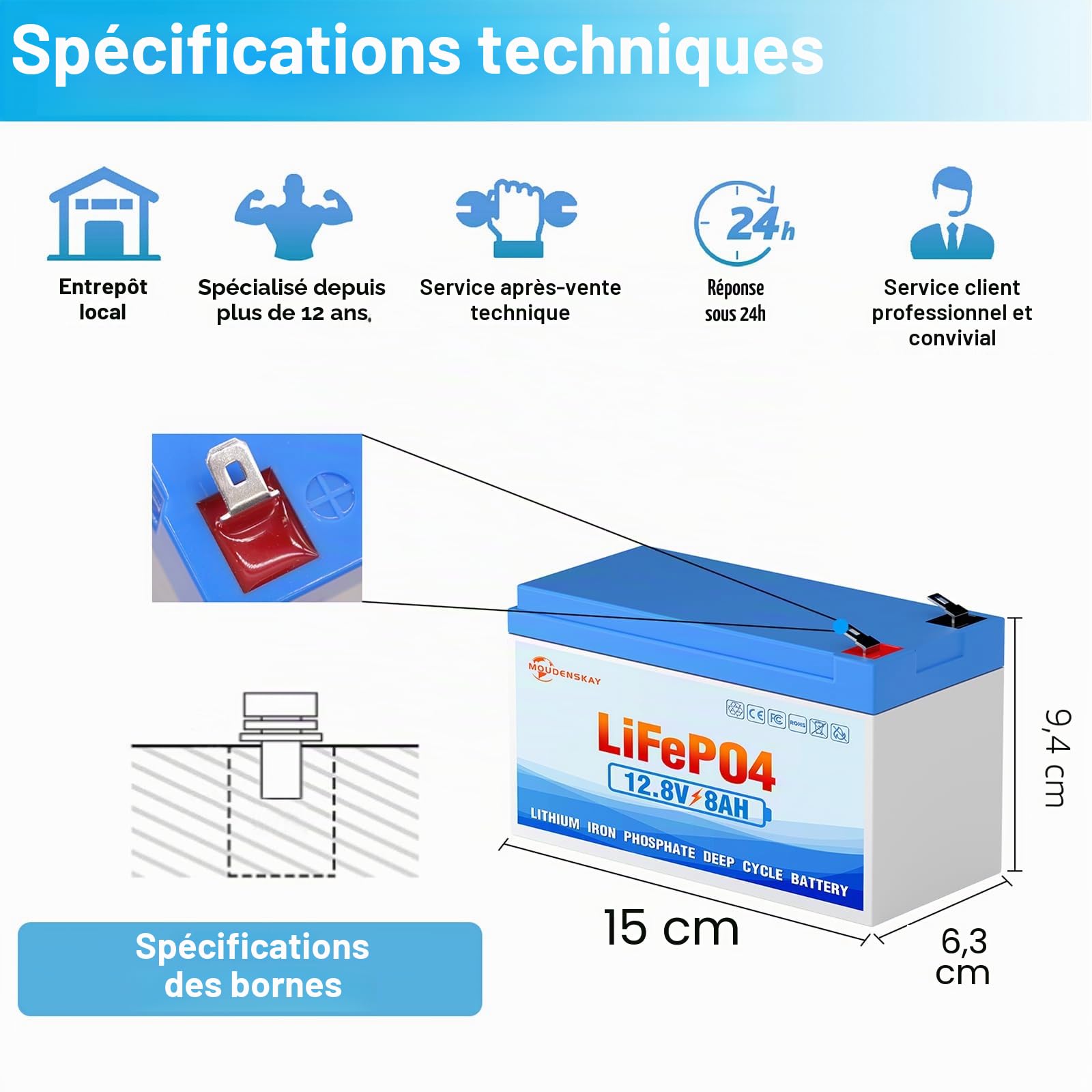 Batterie LiFePO4 12V 8Ah batterie au lithium lifepo4 12v | 3000+ cycles profonds et protection BMS pour éclairage de secours, camping, systèmes d'énergie