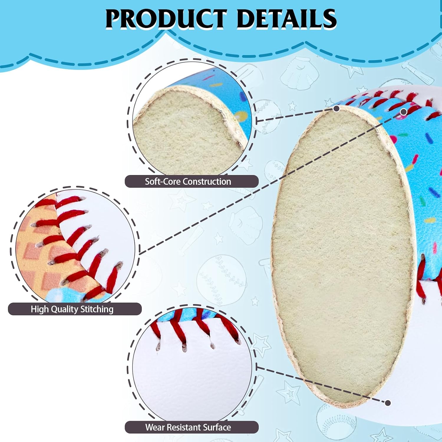 9 Inch Ice Cream Design Baseballs 3 Pack, Novelty Gift & Practice Balls | Unique ice cream drip design, standard 9 inch size, durable baseballs for practice, display, gifts and baseball fans