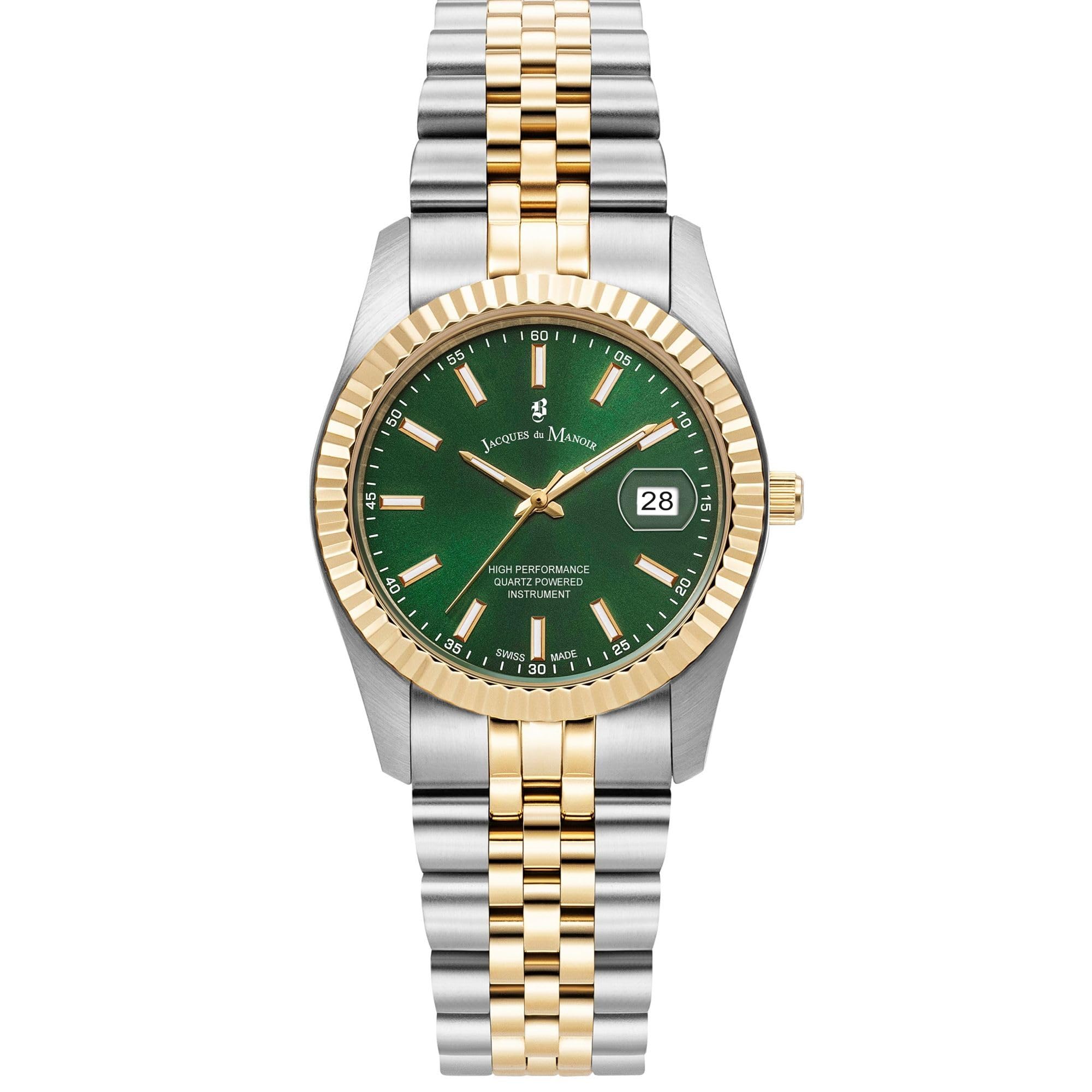 Jacques Du Manoir Inspiration damski zegarek na rękę, stal nierdzewna, 34 mm, bransoletka ze stali nierdzewnej, kolor: złoty/srebrny, 5 bar, cyferblat: zielony, kryształy, data, JWN02301
