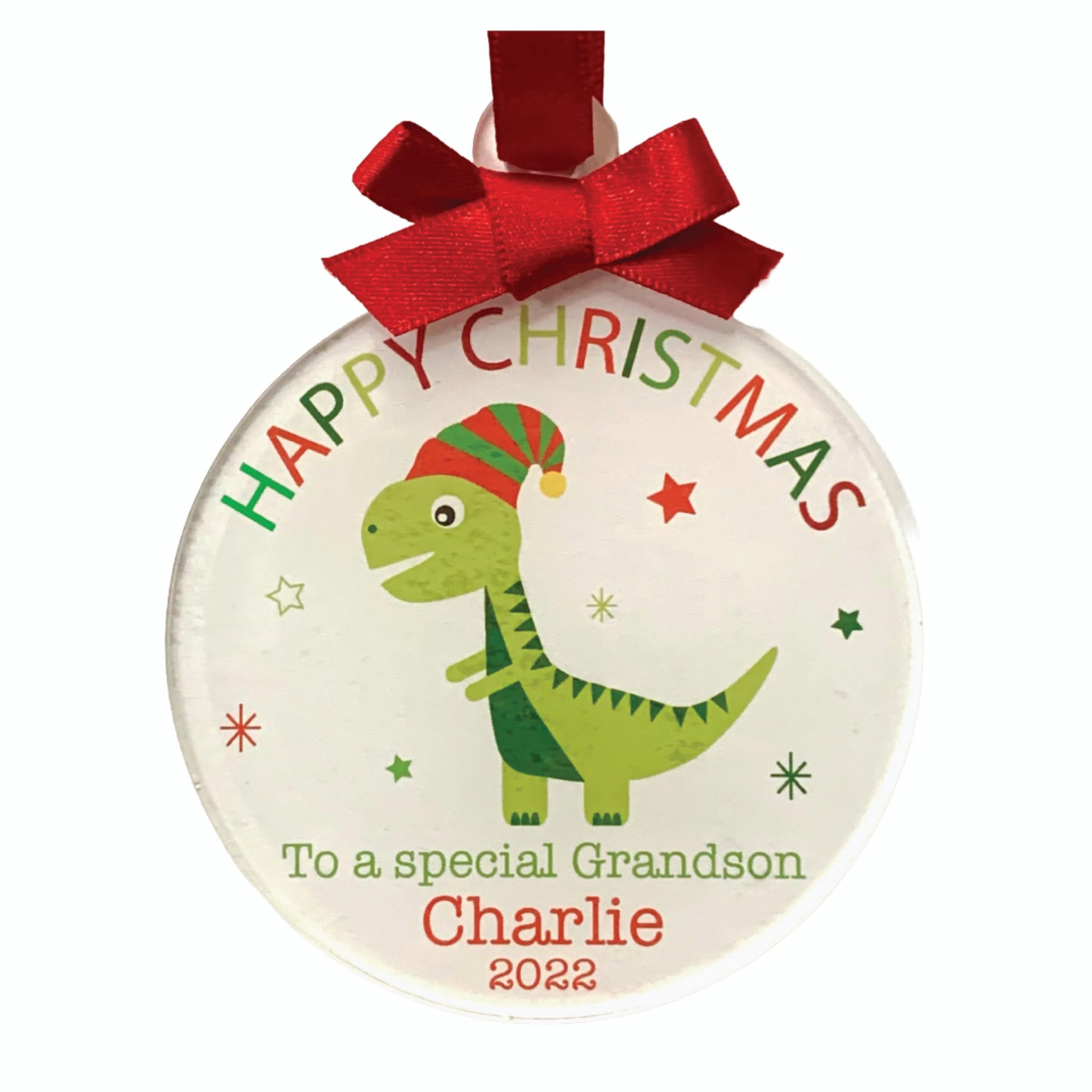Dinosaur Christmas Bauble Personalised Decoration Ornament (Dinosaur 1, Red Ribbon)