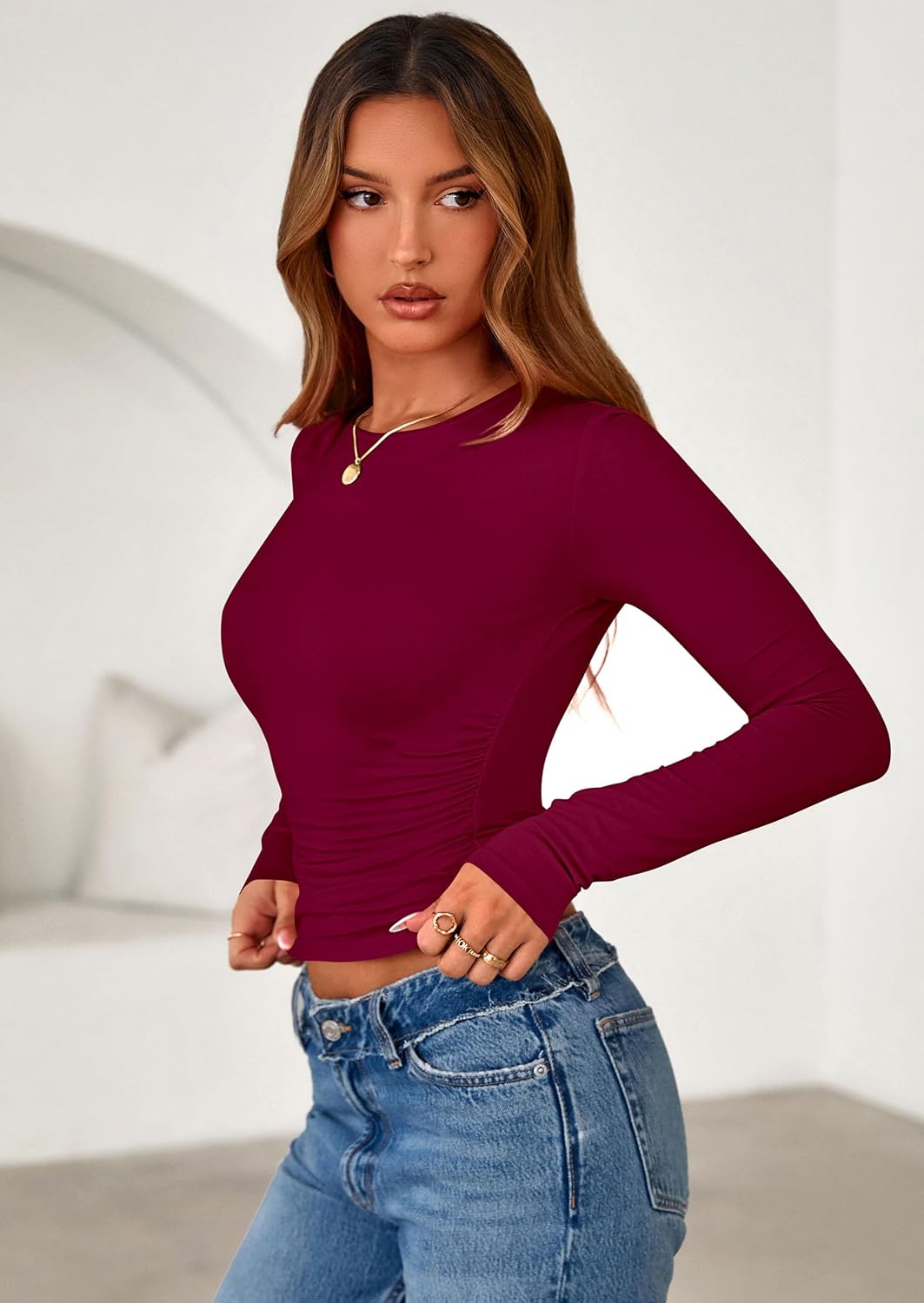 PRETTYGARDEN Womens Long Sleeve Shirts 2026 Fall Trendy Crewneck Slim Fit Asymmetrical Going Out Tops Ruched Tee Y2k Clothes - Image 6