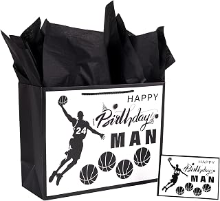 Lyforpyton Large Basketball Gift Bag with Tissue Paper and Card 12.6" Black and White Gift Bag for Men Boy Birthday