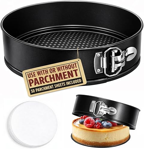 Tellshun - Molde de 10 Pulgadas para Tartas de Resorte con Papel Pergamino Antiadherente de 50 Piezas, Molde Redondo para Hornear con Fondo