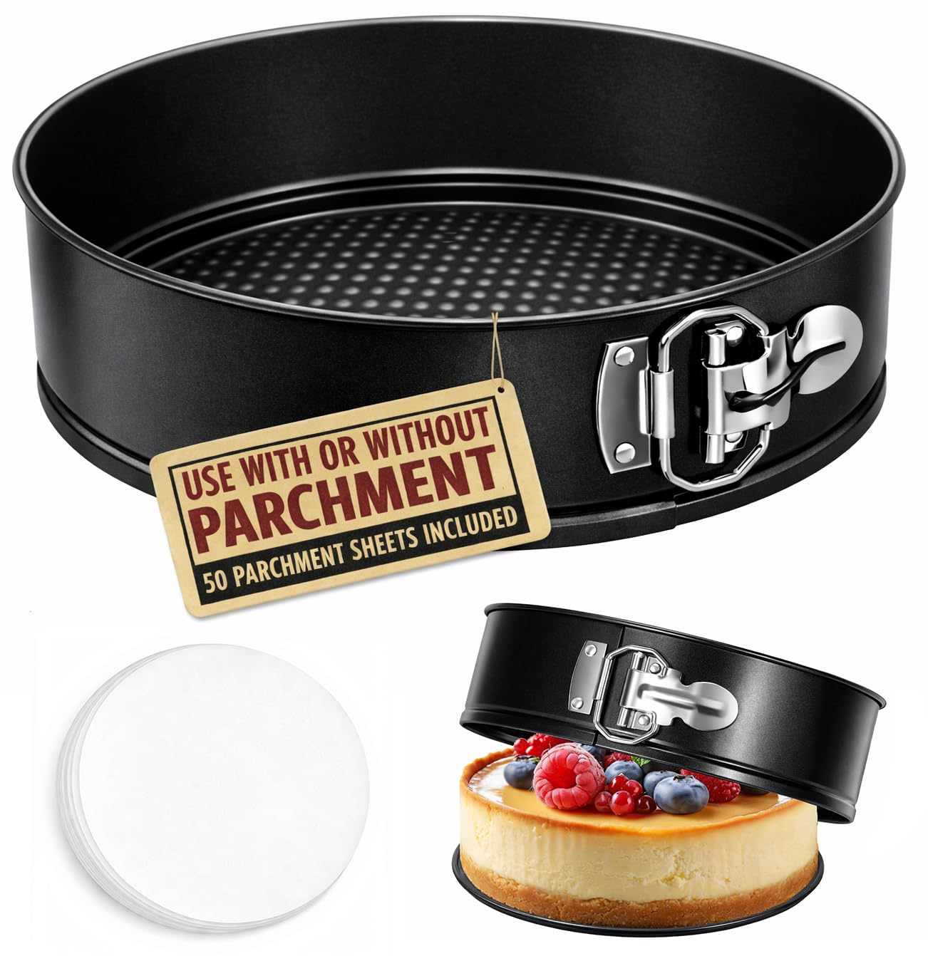 Tellshun 10 Inch Springform Pan Tin With 50Pcs Parchment Paper Nonstick Baking Mold Round Leakproof Removable Bottom Bakeware for Cake Cheesecakes Pie Pizza and Quiches