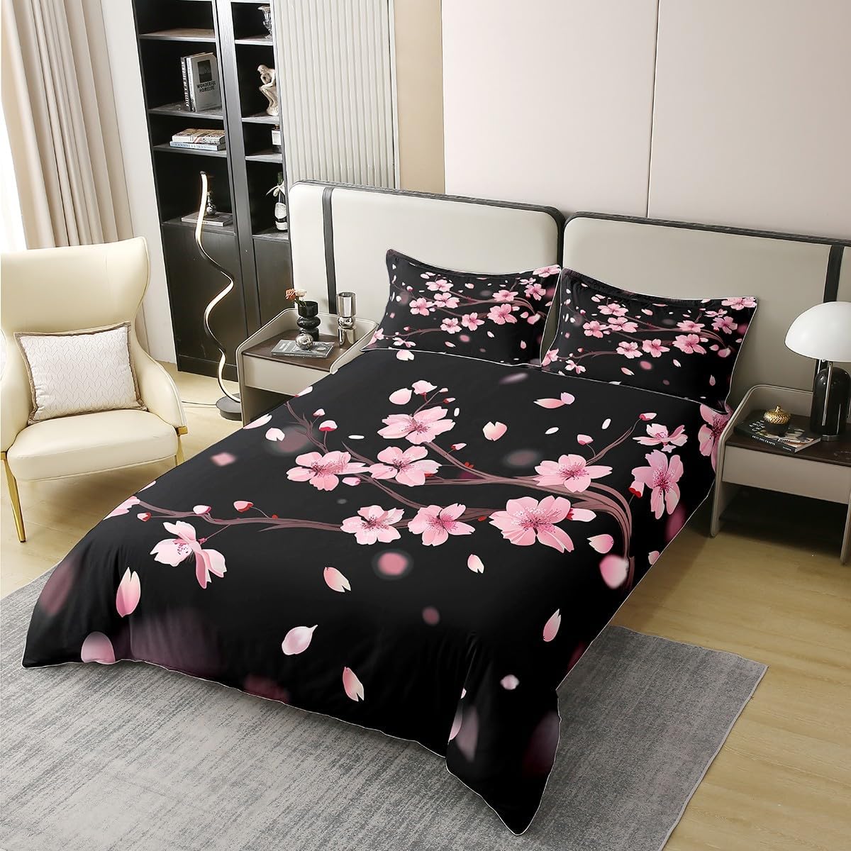 jejeloiu Cherry Blossoms Duvet Cover 100% Cotton Queen Size Japanese Style Bedding Cotton Duvet Cover Set Decor Sakura Flower Comforter Cover Set Floral Botanical Pink Black Bedspread Cover