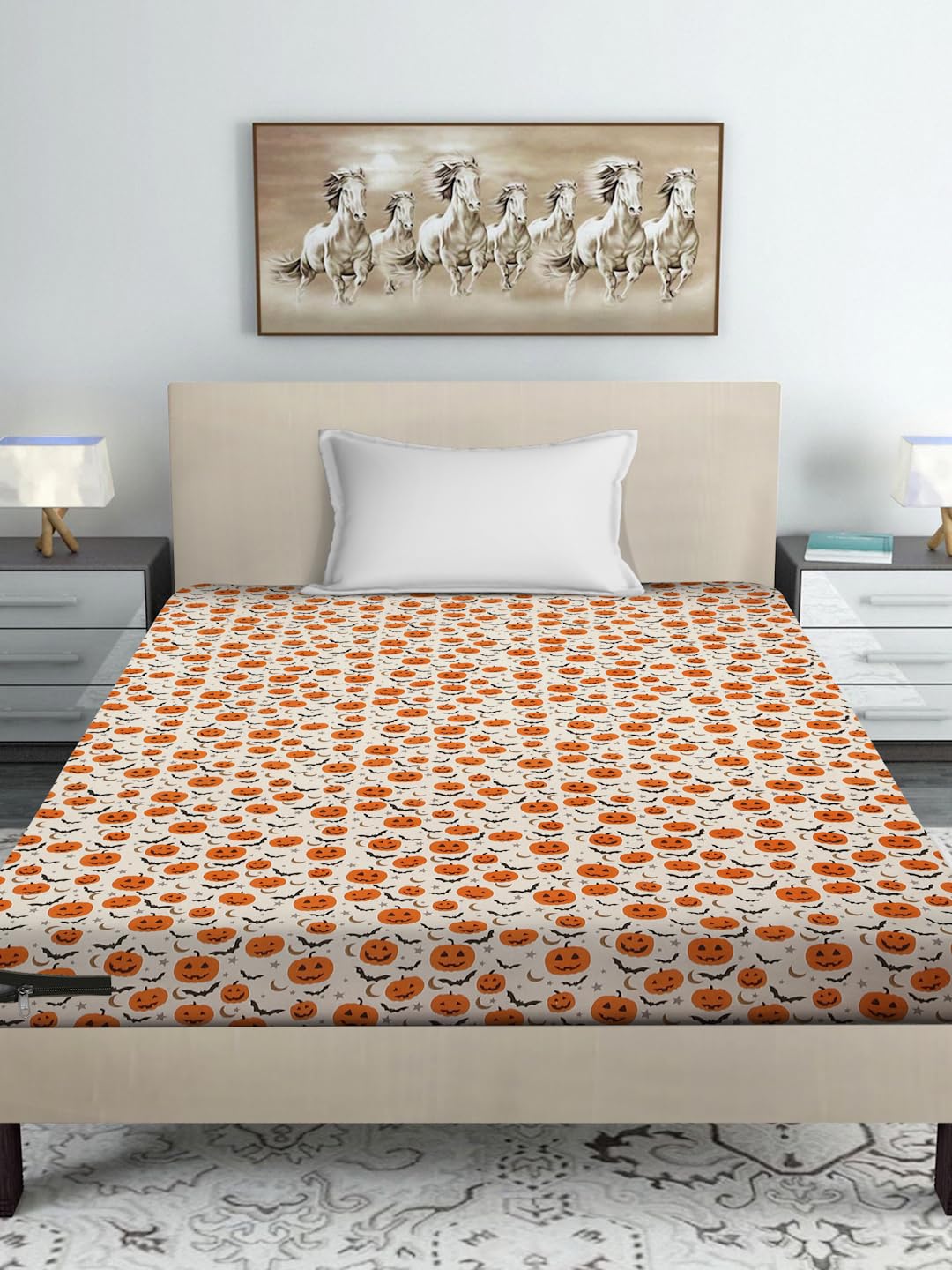 Creeva Purenest Cotton Halloween Pumpkin Print Mattress Protector Set of 2 (36x72 Inch) - (Off White - Fits Upto 4Inch) (36 * 72)-picture-14