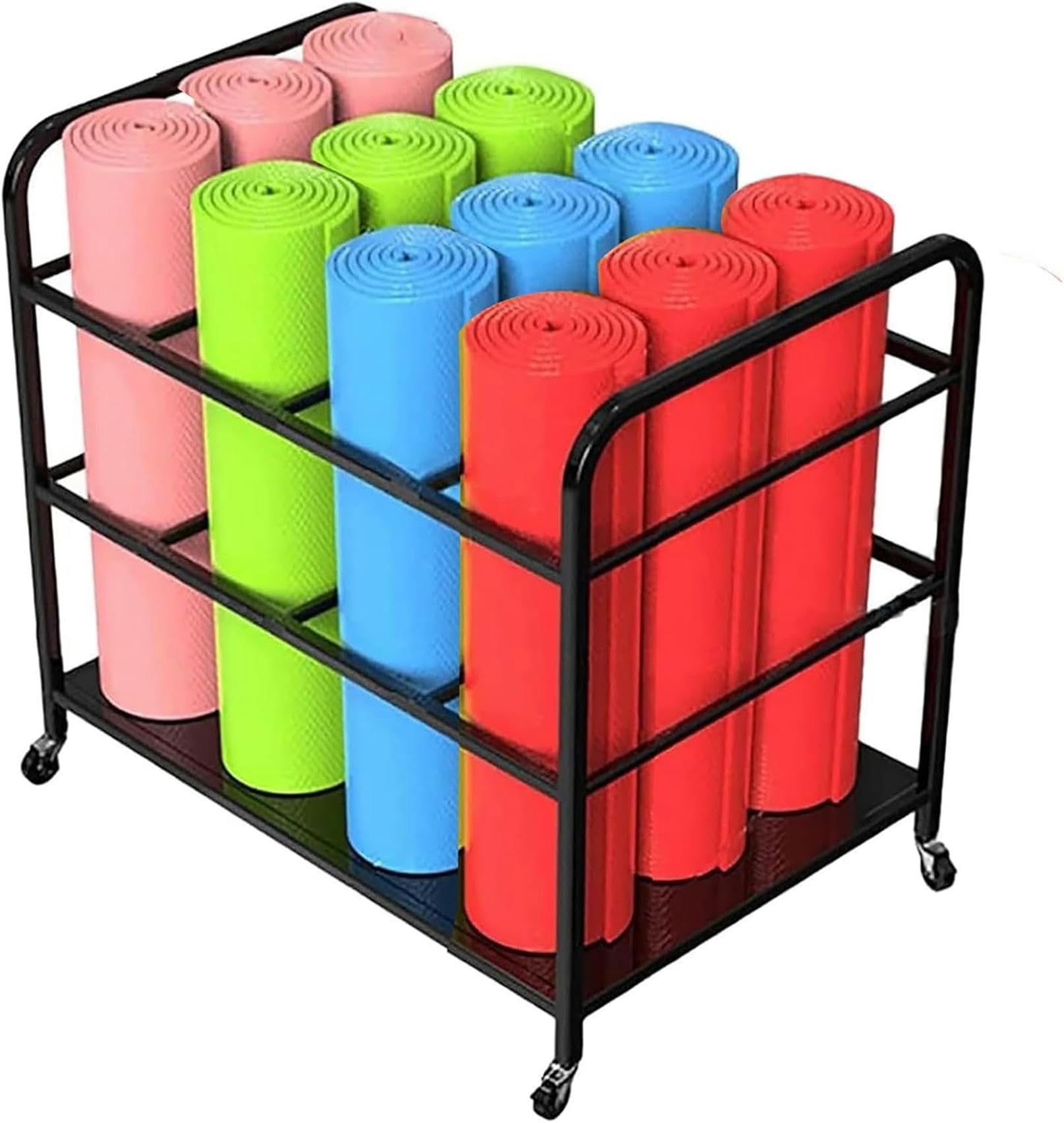 Support tapis de yoga à roulettes et rangement en mousse réglable pour gym à domicile