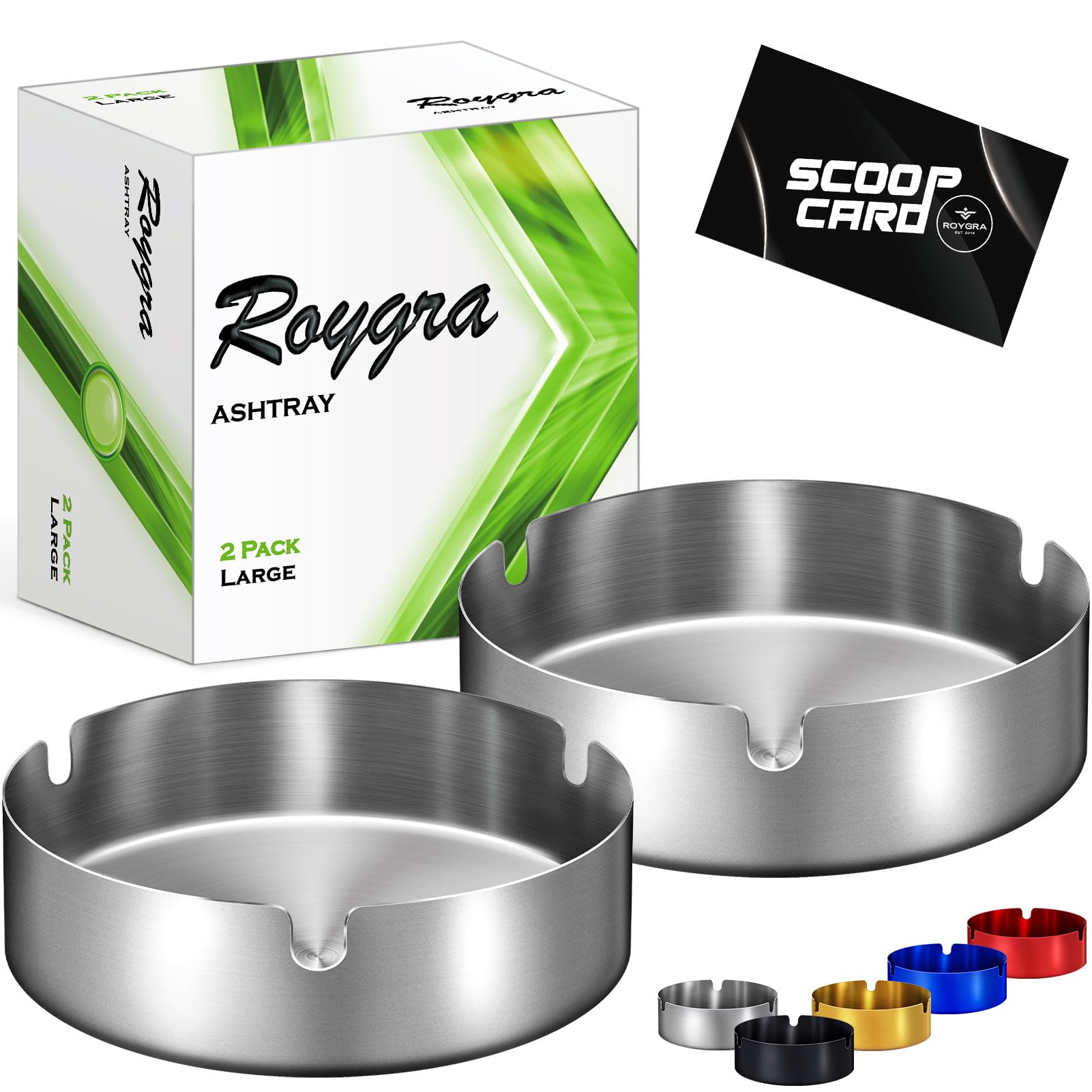 roygra Stainless Steel Ash Tray (2 Pack), Outdoor Ashtray for Outside Patio, Ashtrays for Cigarettes with 3 Holder, Smoking Accessories, Home Décor, Ashtrays for Smokers Indoor - Silver, Large