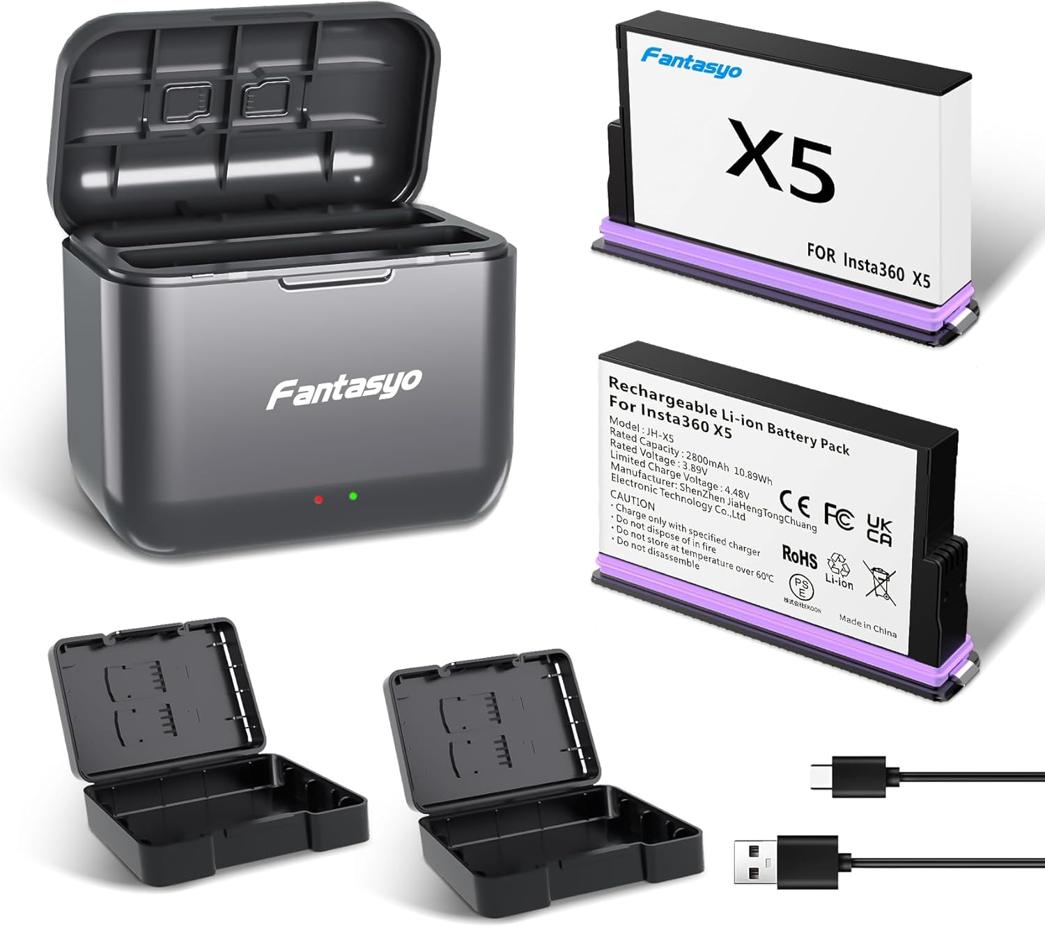 Fantasyo Insta 360 X5 Battery 2 Packs of 2800mAh + 1 Double Channel Fast Charge Hub, Only Compatible with Insta360 x5 Camera,Can Charge Two Batteries at The Same time (2*Battery+Charger)