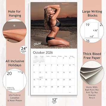 Swimsuit Calendar 2026 - Sexy Calendar Featuring Hottest Models, 12-Month Wall Planner, Gorgeous Photos & Name of Models, US & Canadian Holidays, Functional Art, Premium Thick Paper, Ideal Gift for Home, Office or Gym, Size: 12 x 12