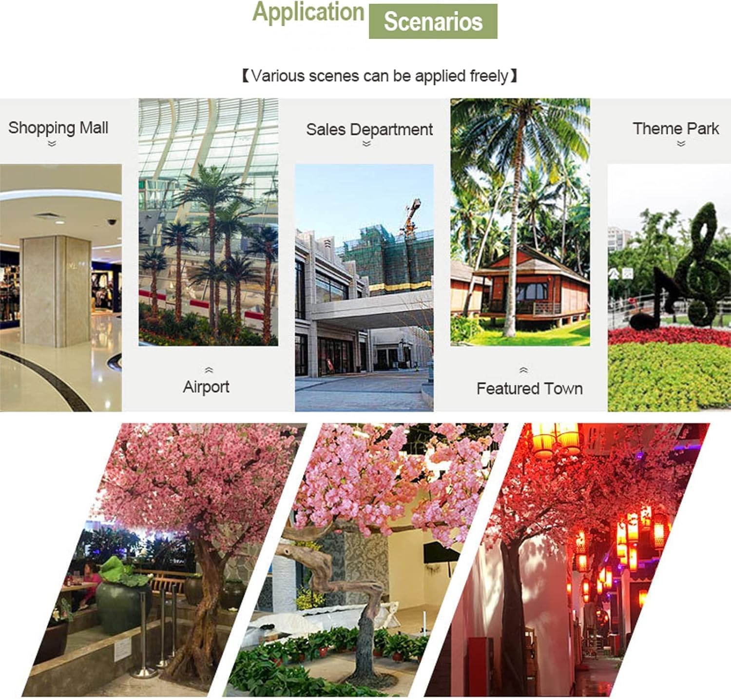 Various application scenarios including shopping malls, airports, and theme parks