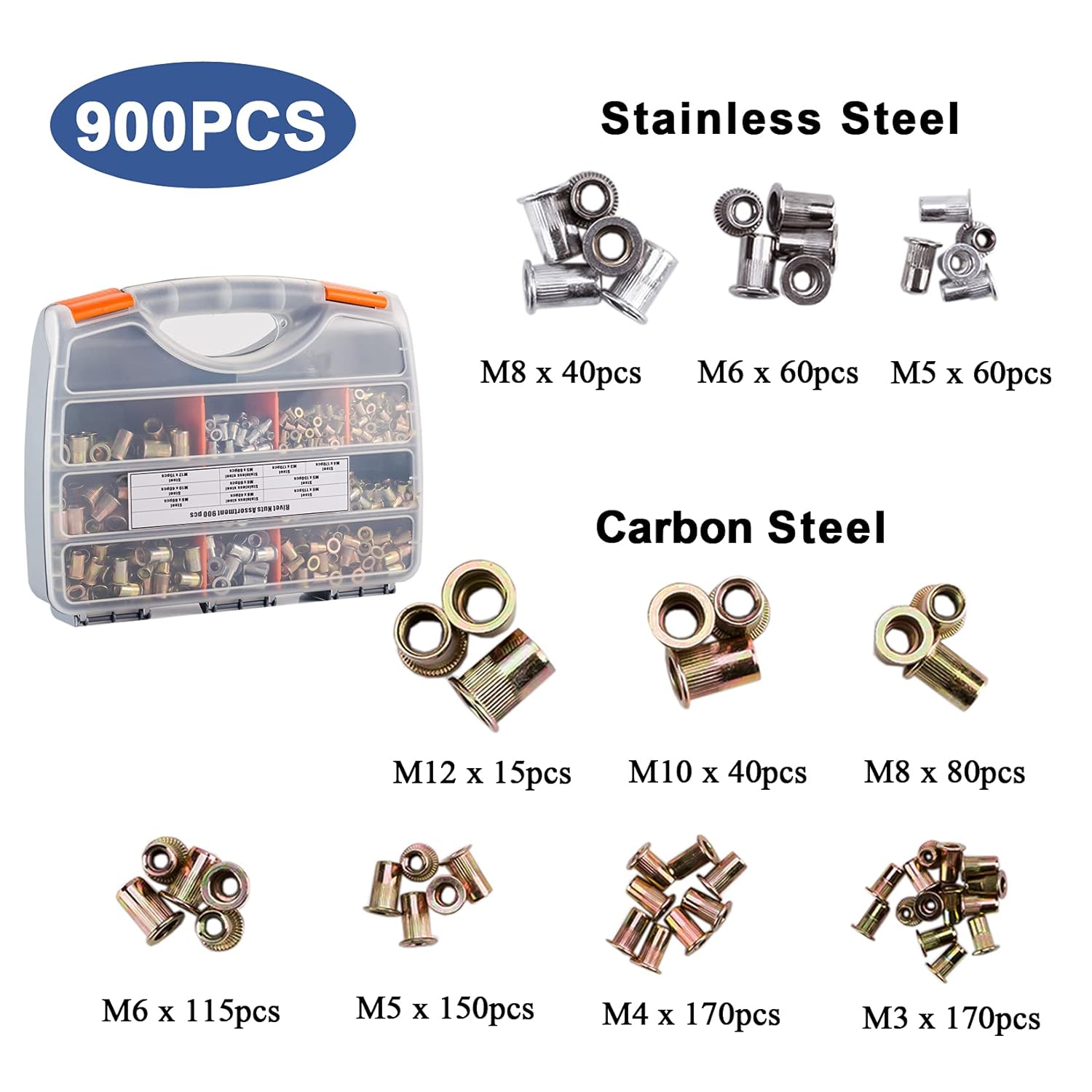 Flash Deals - 60% OFF 900pcs Rivet Nuts Kit and 13 Rivet Nut Gun Kit, Metric Steel and Stainless Steel Rivet Nut Assortment Kit, Rivet Nut Tool Rivet Nut Kit M3 M4 M5 M6 M8 M10 M12