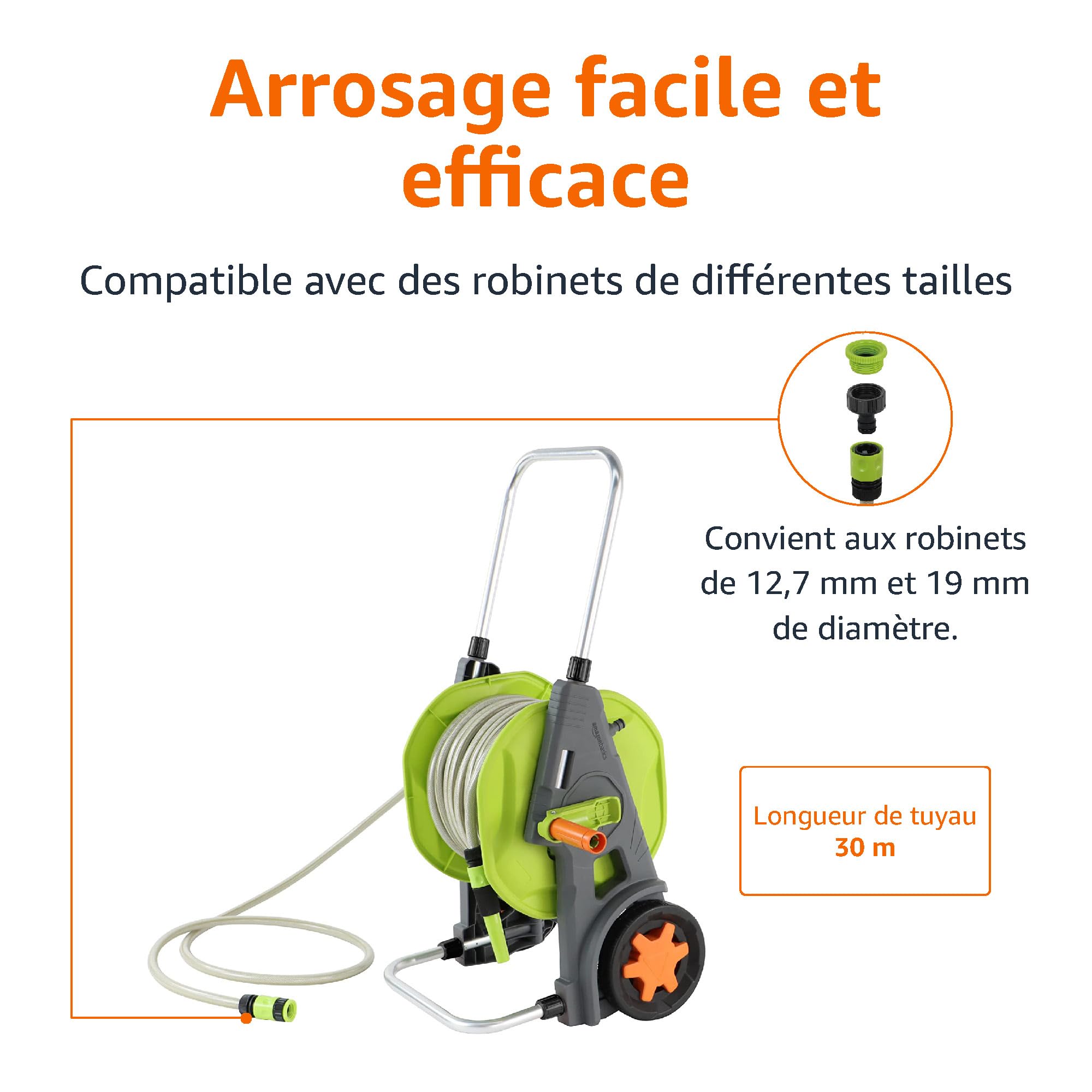 Amazon Basics Chariot dévidoir avec tuyau de 30 m, Vert/Gris