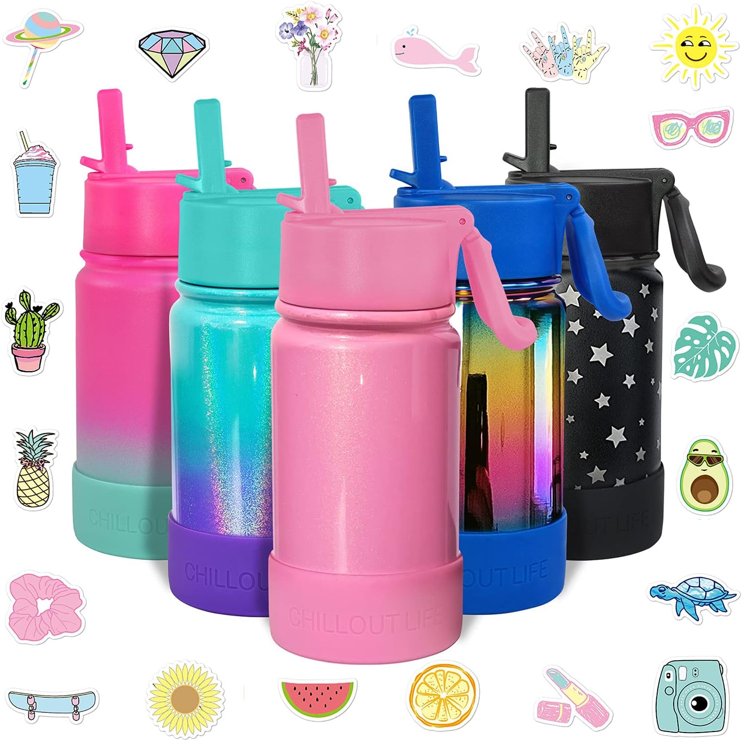 CHILLOUT LIFE 12 oz Kids Insulated Water Bottle for School with Straw Lid Leakproof and Cute Waterproof Stickers, Personalized Stainless Steel Thermos Flask Metal Water Bottle, Pink Sparkle