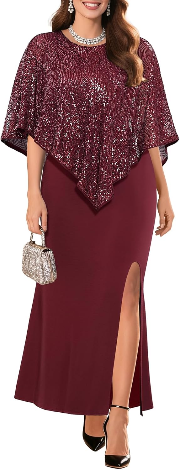 Plus Size Formal Dress - Wedding Guest Long Evening Cocktail Mermaid Dress with Sequin Overlay Cape