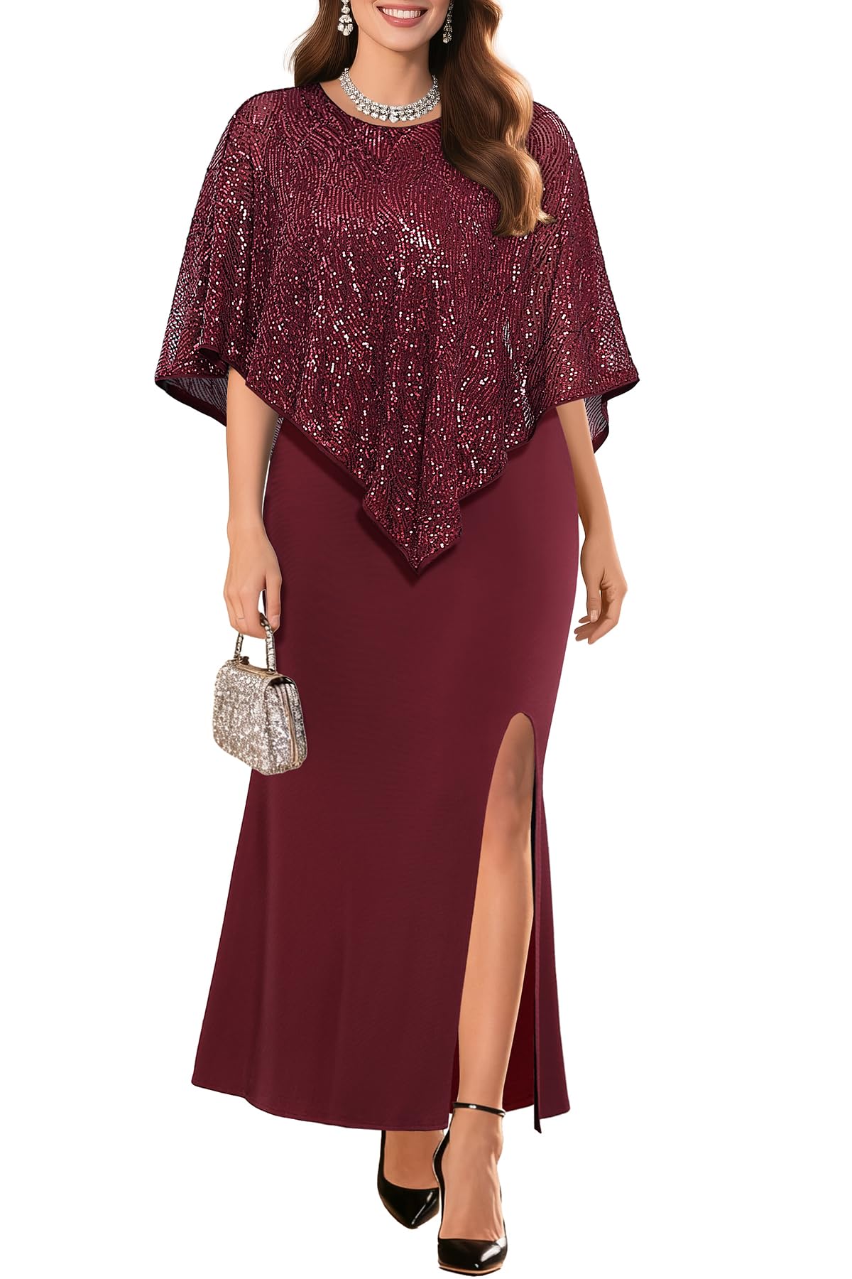 Plus Size Formal Dress - Wedding Guest Long Evening Cocktail Mermaid Dress with Sequin Overlay Cape