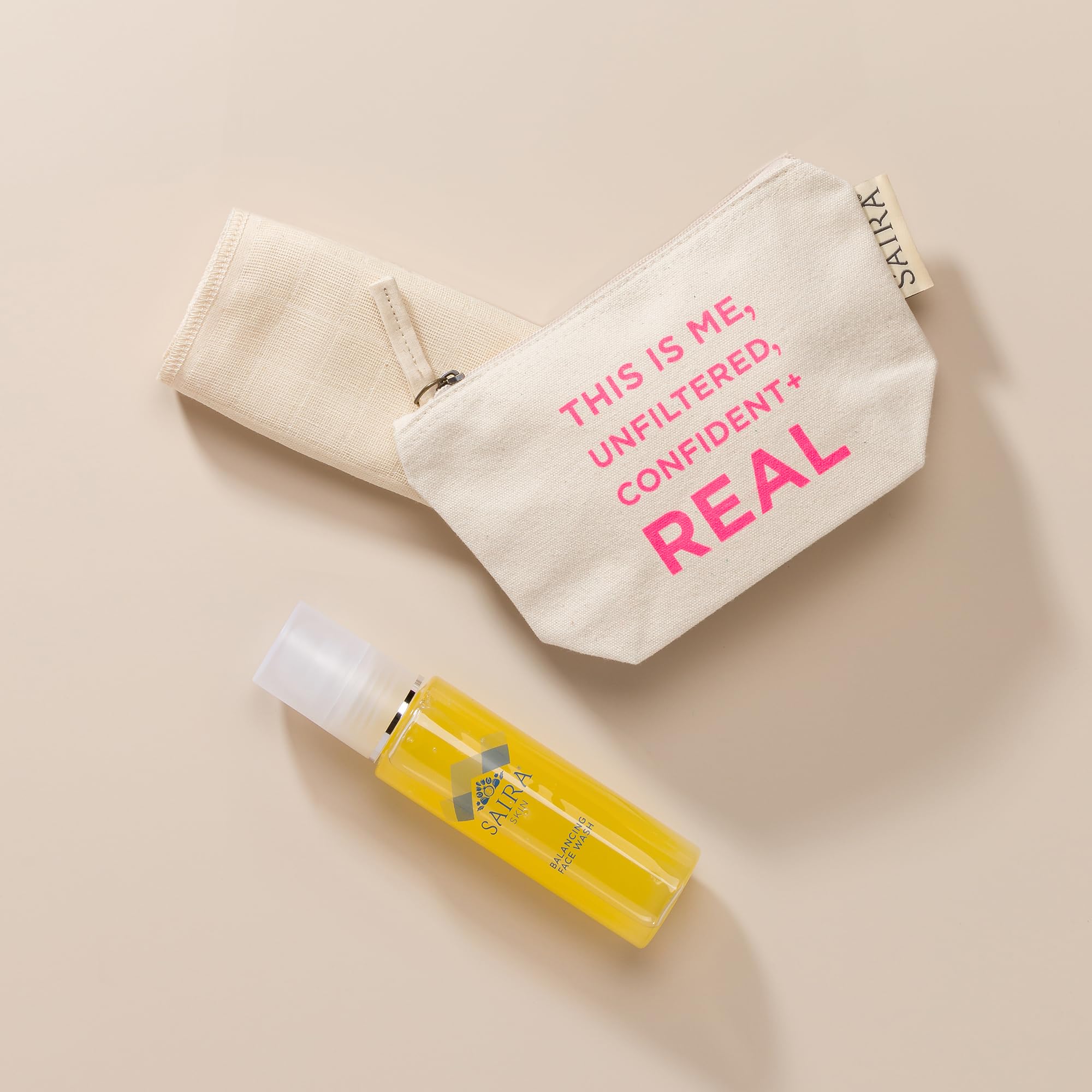 SAIRA 3-piece Luxury Skincare Set to Cleanse & Exfoliate Skin, Includes Balancing Face Wash, Certified Organic Muslin Cloth, Branded Cosmetics Purse, Vegan, Cruelty-Free, and Halal