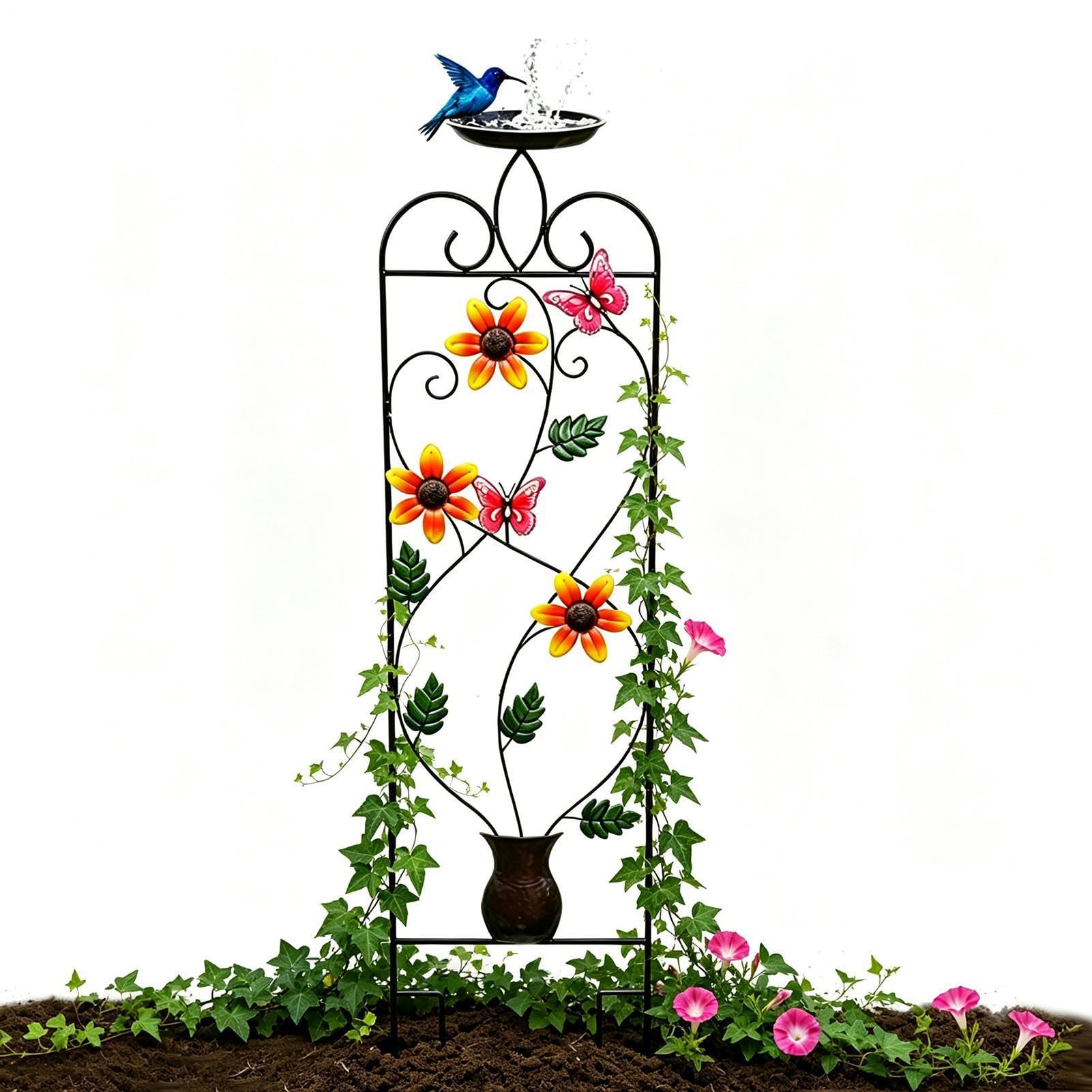 Enrejado de Jardín Estético Metálico con Bebedero para Aves | Decoración Exterior para Plantas Trepadoras para Flores Enredaderas Verduras Bancal Jardín Patio