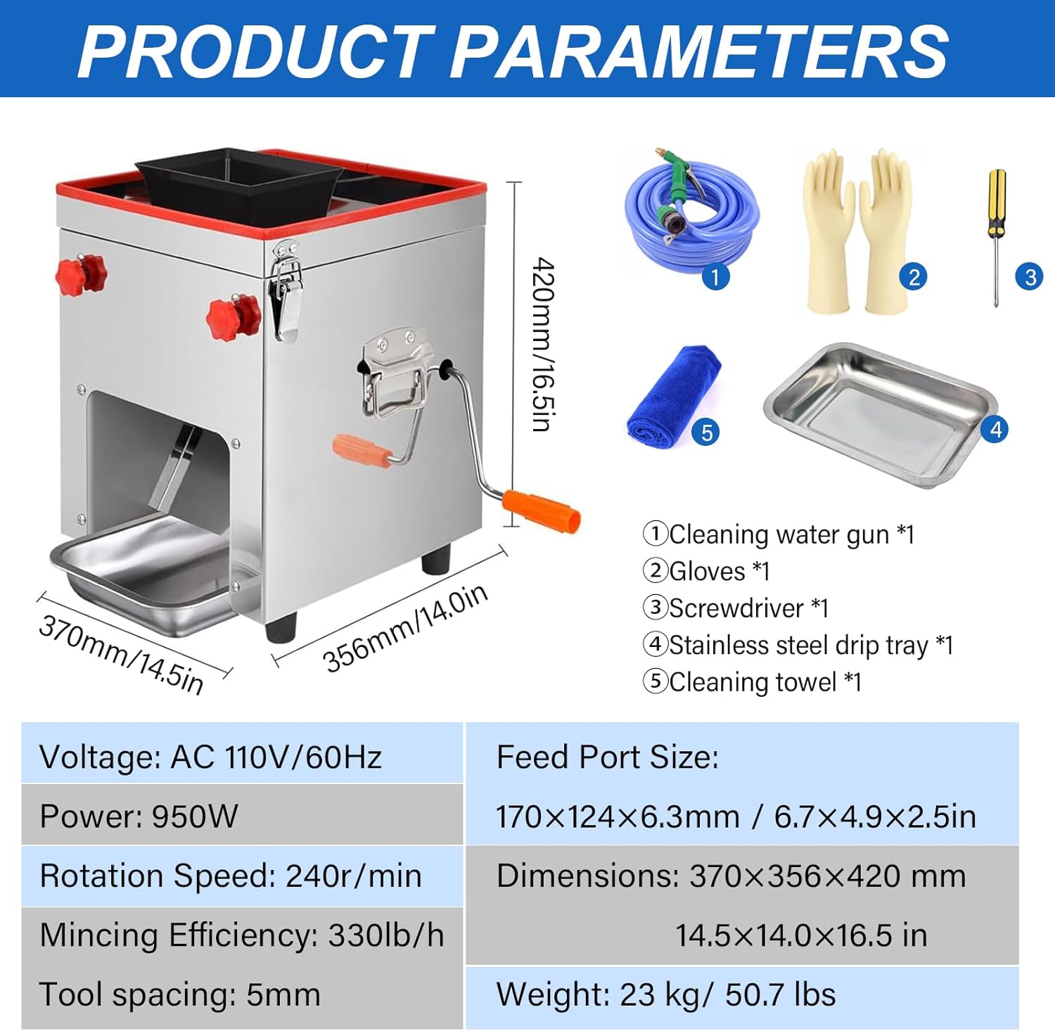 Meat Cutter Machine, Meat Slicer 950W Stainless Steel for Home & Commercial Use 5mm Thin Meat Slicer (Not for Bone-in or Frozen Meat)