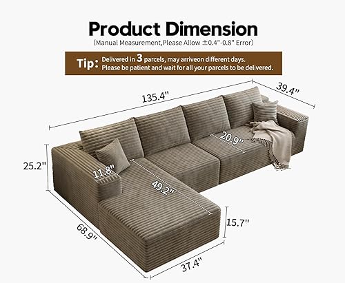 Miniatura 42 de Sofá seccional modular Cloud de 107.5 pulgadas con diván en forma de L, sofá modular moderno con asiento profundo, sofás tapizados para sala de