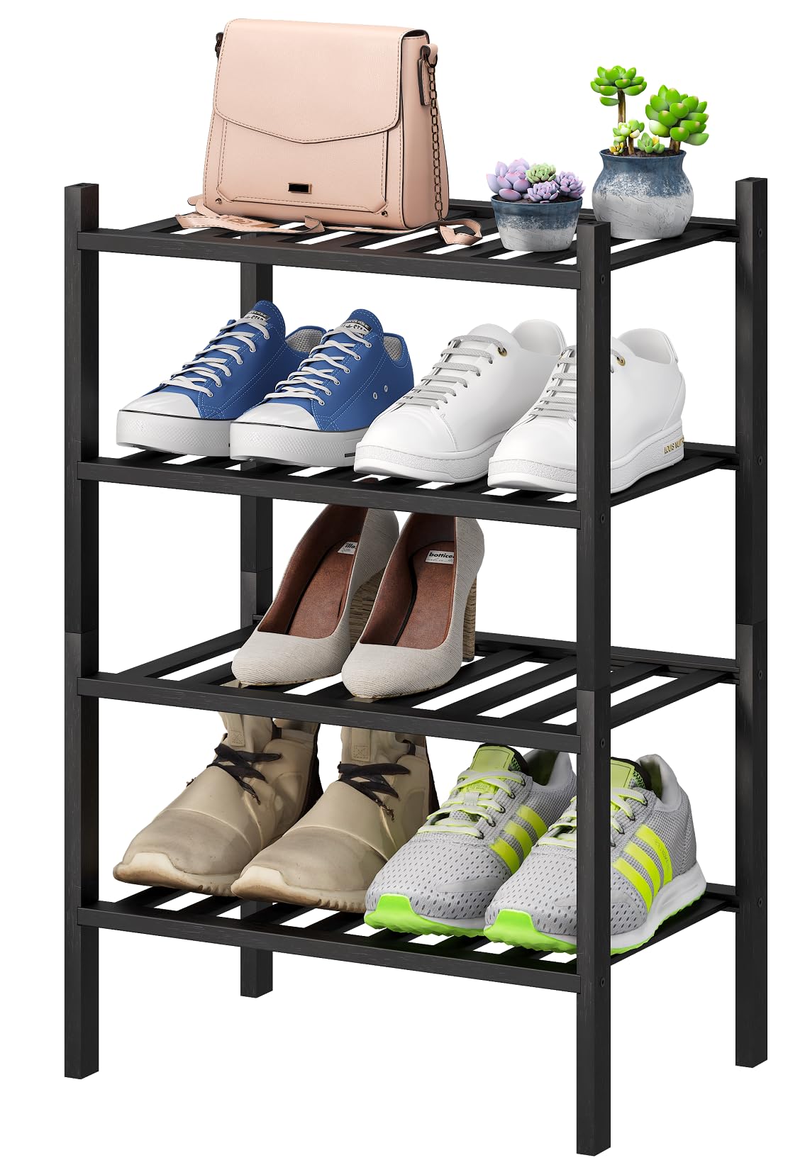 viewcare Black Small Shoe Rack for Entryway, 4-Tier Bamboo Shoe Organizer for Hallway Closet, Free Standing Shoe Racks for Indoor Outdoor