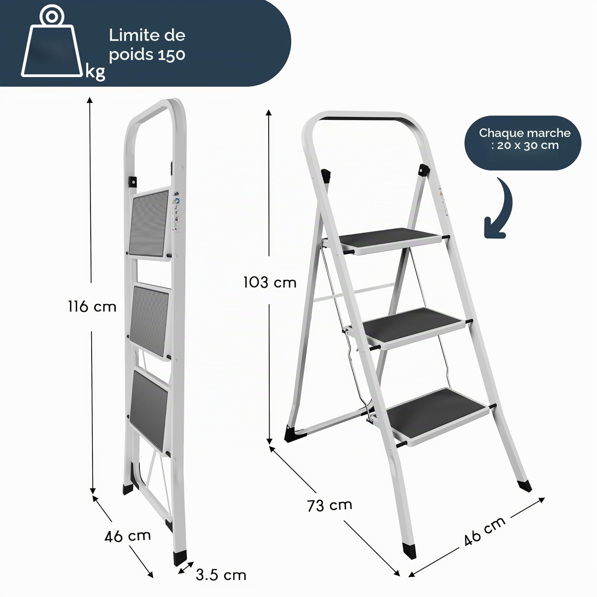 Escabeau Home Vida à 3 marches – pliable, portable, en acier ultra solide et multicolore