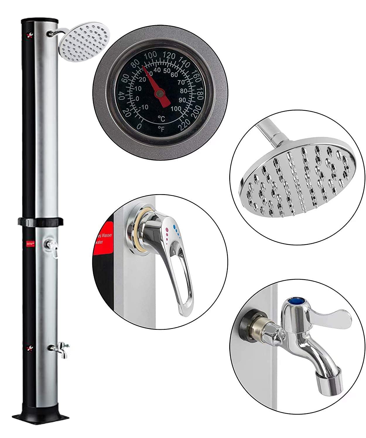 CanKun Solardusche 35L, Gartendusche Max. 60°C Solardusche Garten Mit Integriertem Thermometer & Fußdusche Gartendusche Solar Gartendusche Aussendusche