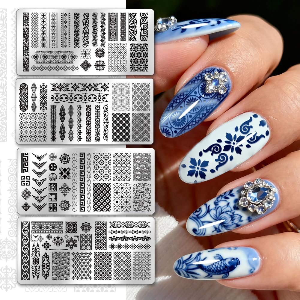 PH PandaHall 4pcs Plaque de Tampon à Ongles à Motifs de Style Chinois Modèle D'Art D'Ongle à Longue Bande Rétro Motifs Floraux Pochoirs à Ongles Bordures Traditionnelles pour Femmes Manucure Décor