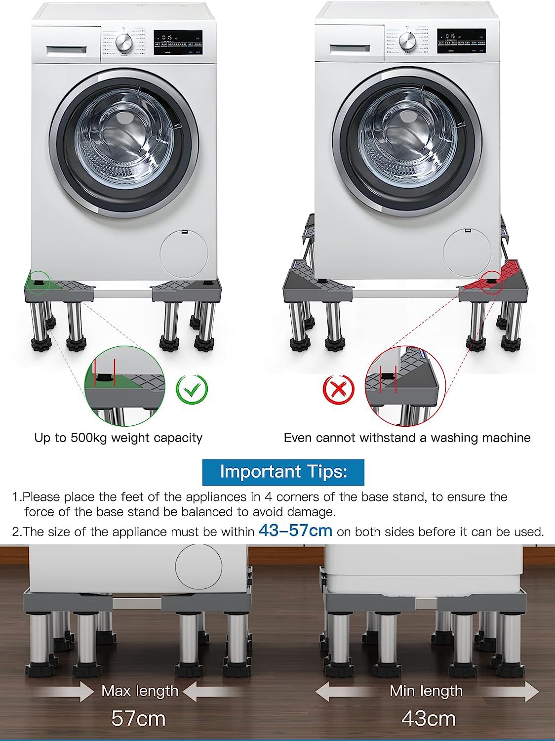 Base Regolabile Per Lavatrice DEWEL - 12 Piedi, Portata 500kg, Altezza 18-20cm, Per Lavatrici, Asciugatrici E Frigoriferi - Foto 8