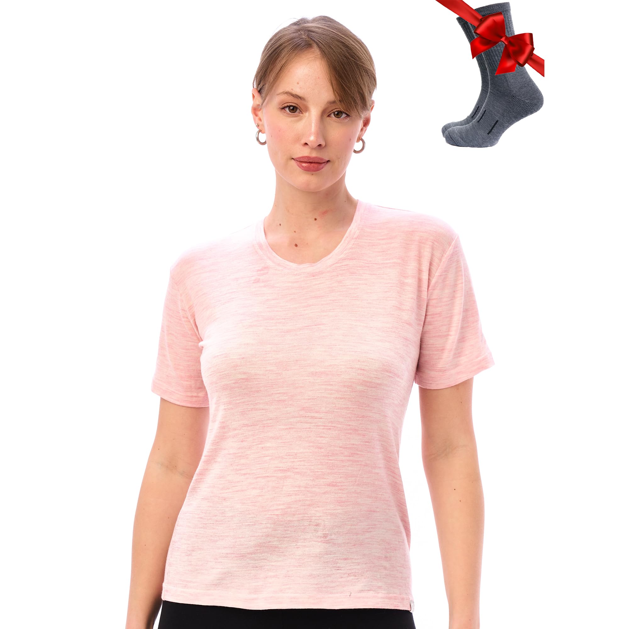 Merino.tech Merino Wool T Shirt Women - 100% Merino Wool Base Layer Women Short Sleeve Tee with Hiking Socks