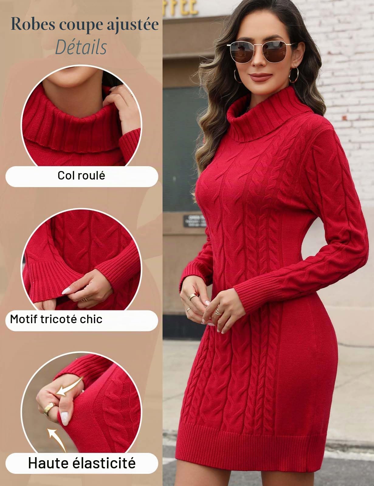 heekpek Robe Pull Femme Hiver Chic et Elegant Col Roulé Chaud Automne Robe Moulante Manche Longue Tricot Jupe Courte
