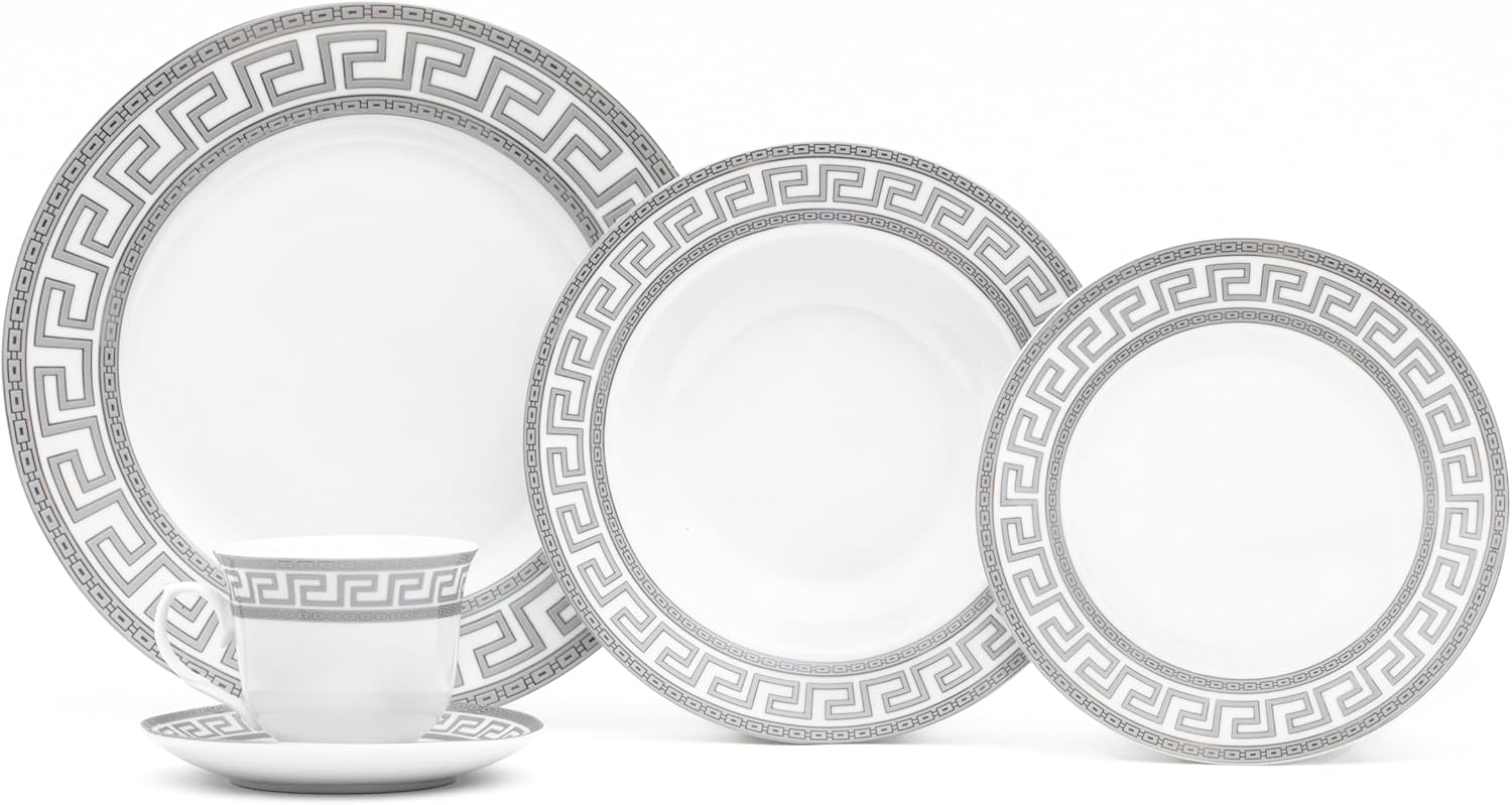 Dinnerware Set for 4 - Silver on White Fine Porcelain 20 piece Tableware Setting for Every Day and Formal Occasions with Cups and Saucers