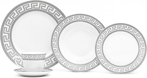 Juego de vajilla para 4 personas – Juego de vajilla de porcelana fina plateada sobre blanco de 20 piezas para todos los días y ocasiones formales