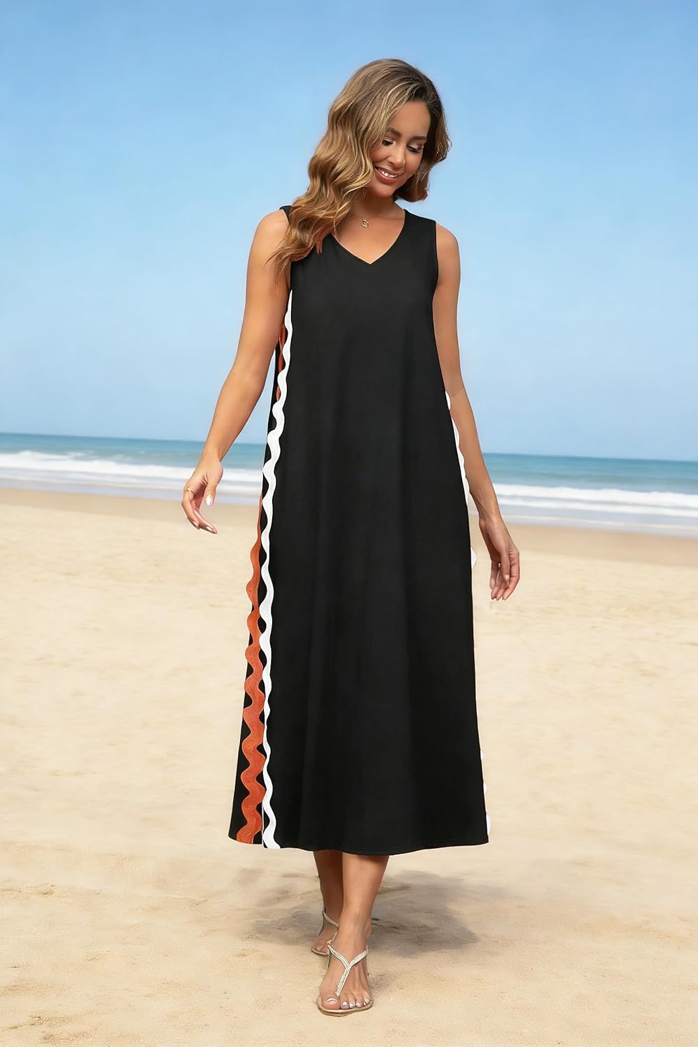 utcoco Women's Summer Beach Boho Flowy Maxi Dress Casual Sleeveless V Neck Side Slit RIC Rac Tank Dress - Image 2