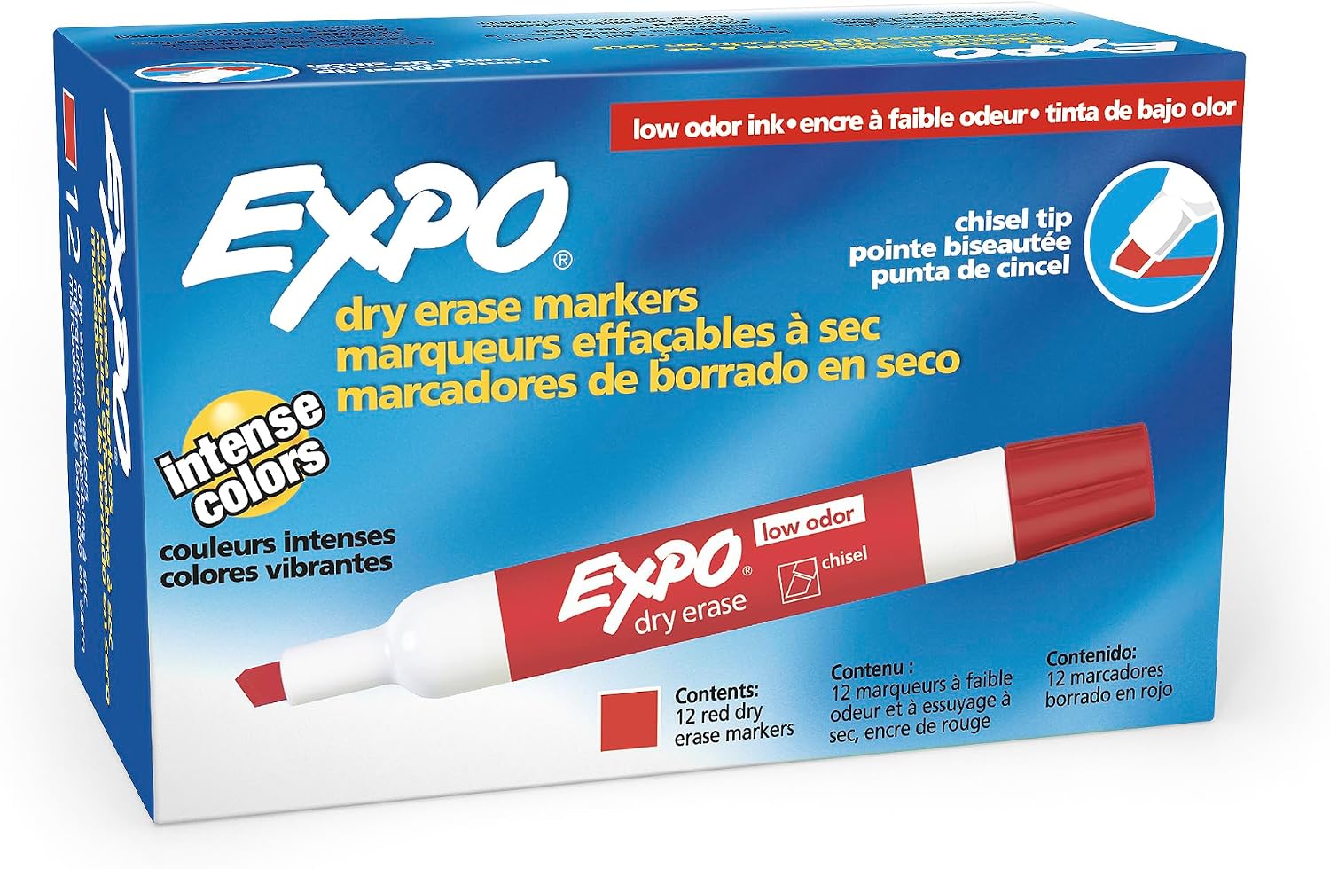 EXPO Low Odor Dry Erase Markers, Chisel Tip, Red, 12 Count