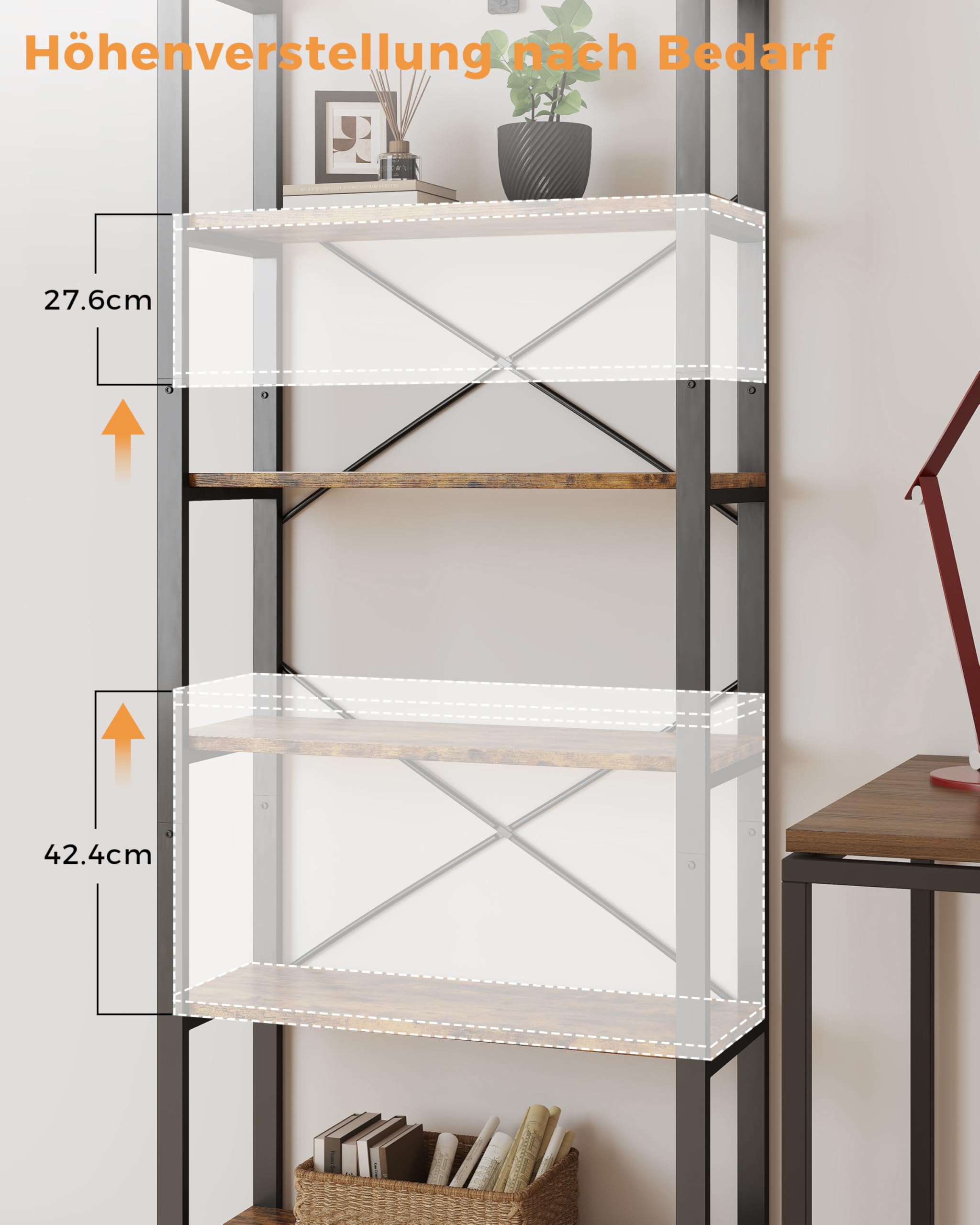 IRONCK 2M Bücherregal, Standregal mit 6 Ebenen, Regal Holz mit Metallrahmen, Büroregal Industriel, offene Ablagen, Bookshelf für Büro, Wohnzimmer, Schlafzimmer, Küche (Vintagebraun Schwarz)